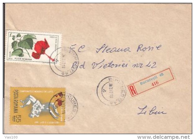 HIBISCUS FLOWER, WRESTLING, STAMPS ON REGISTERED COVER, 1967, ROMANIA - Storia Postale