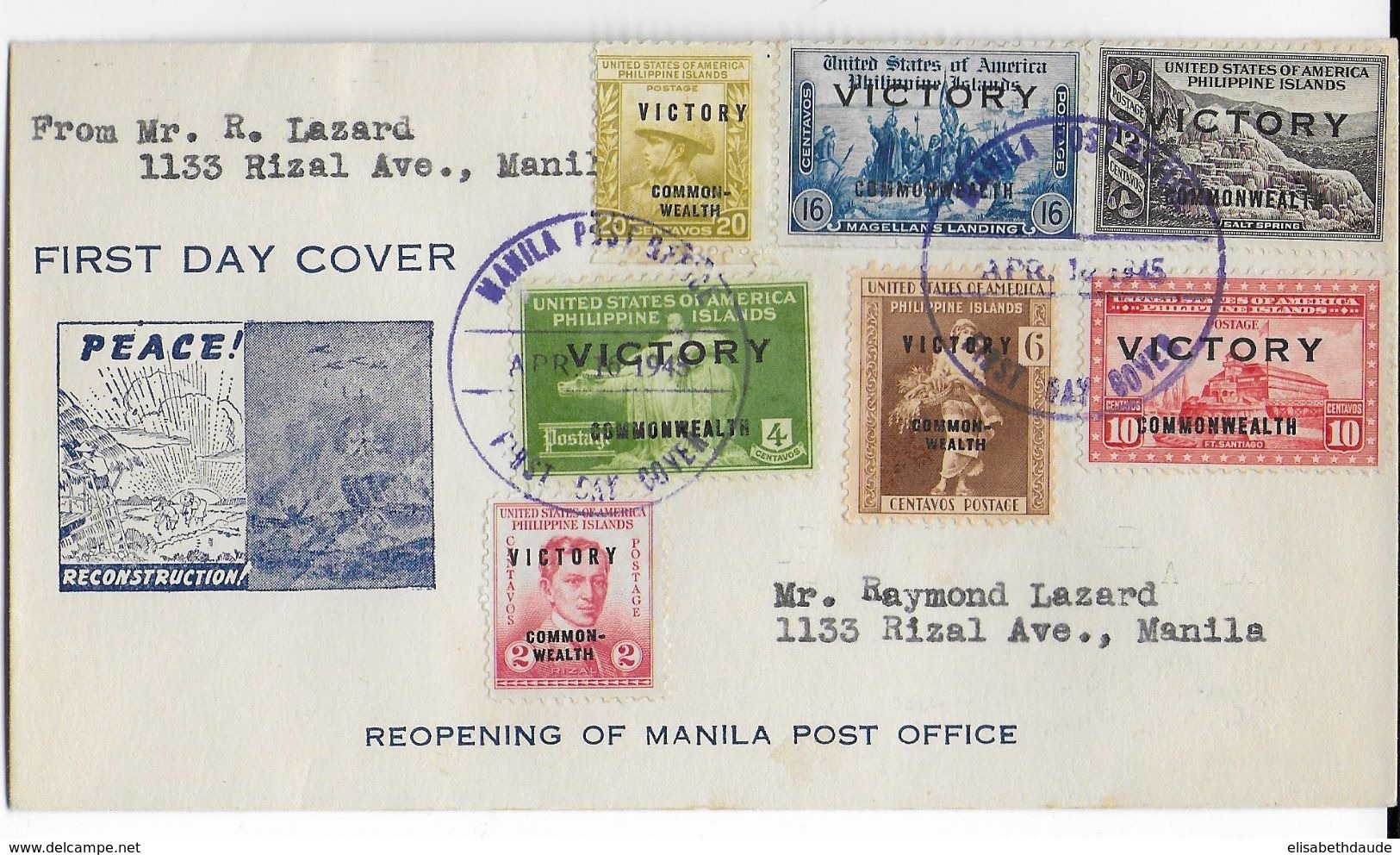 PHILIPPINES - 1945 - ENVELOPPE FDC De MANILA Avec SERIE VICTORY - Philippines