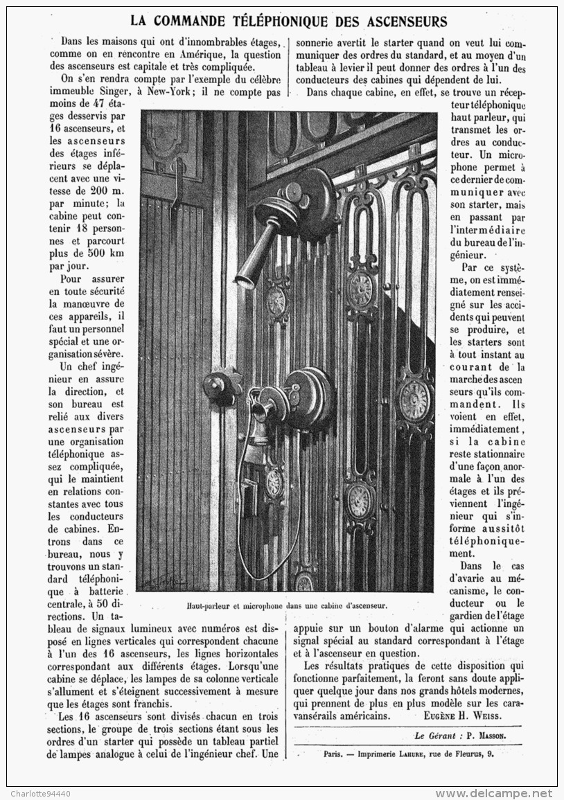 LA COMMANDE TELEPHONIQUE DES ASCENSEURS  1909 - Other & Unclassified