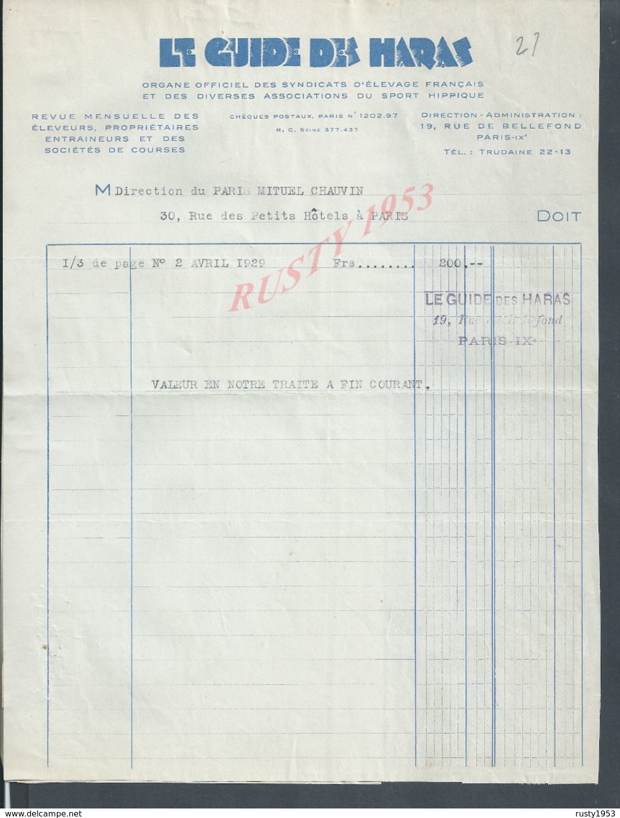 EQUITATION FACTURE + REÇU DE 1929 LE GUIDE DES HARAS PARIS RUE BELLEFOND : - Equitation