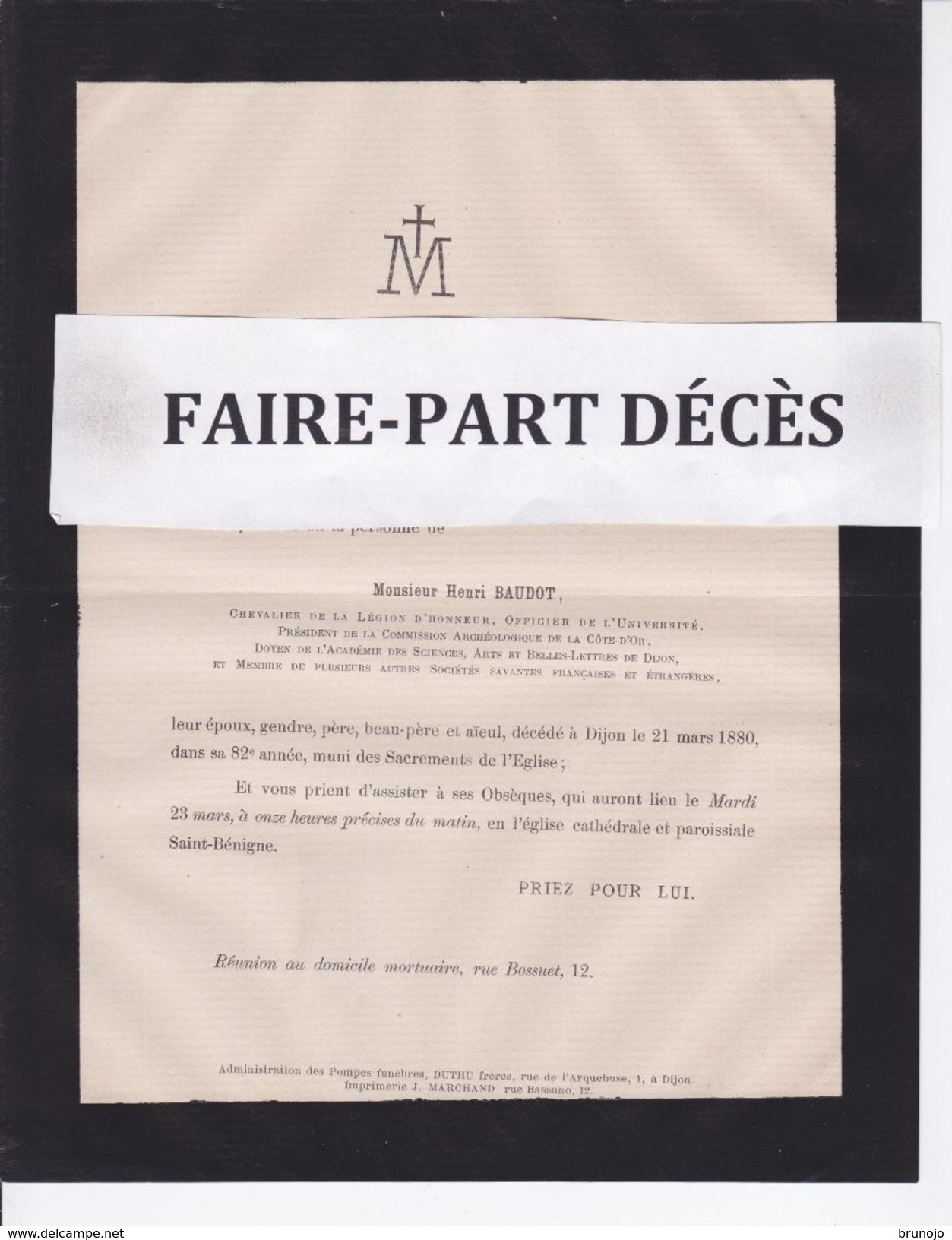 Faire-part Décès Henri BAUDOT, Président Commission Archéologique Cote-d'Or, Dijon, 1880 - Décès