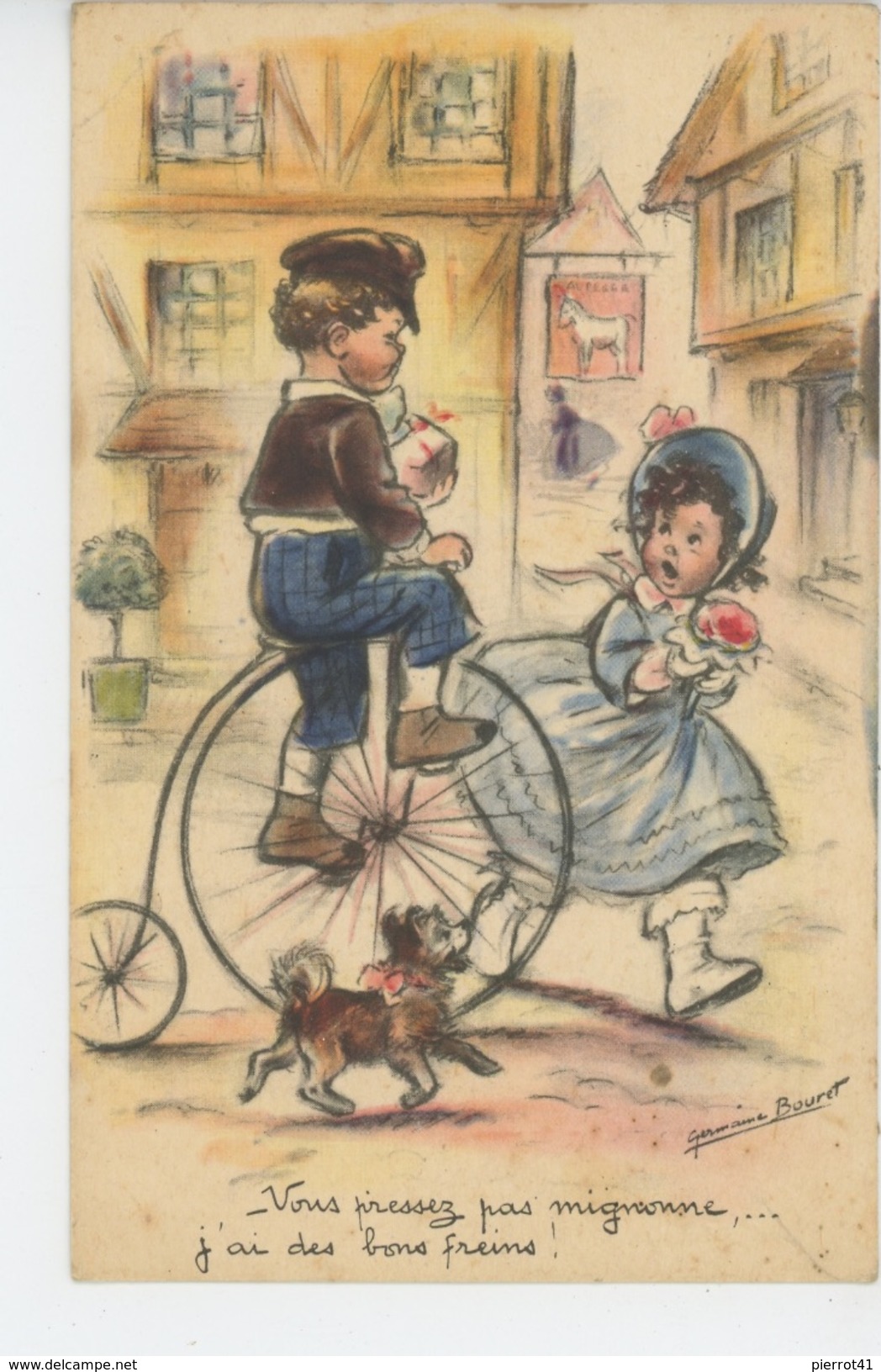 ENFANTS - DOG - Jolie Carte Fantaisie Enfants Chien Tricycle Signée GERMAINE BOURET - Bouret, Germaine