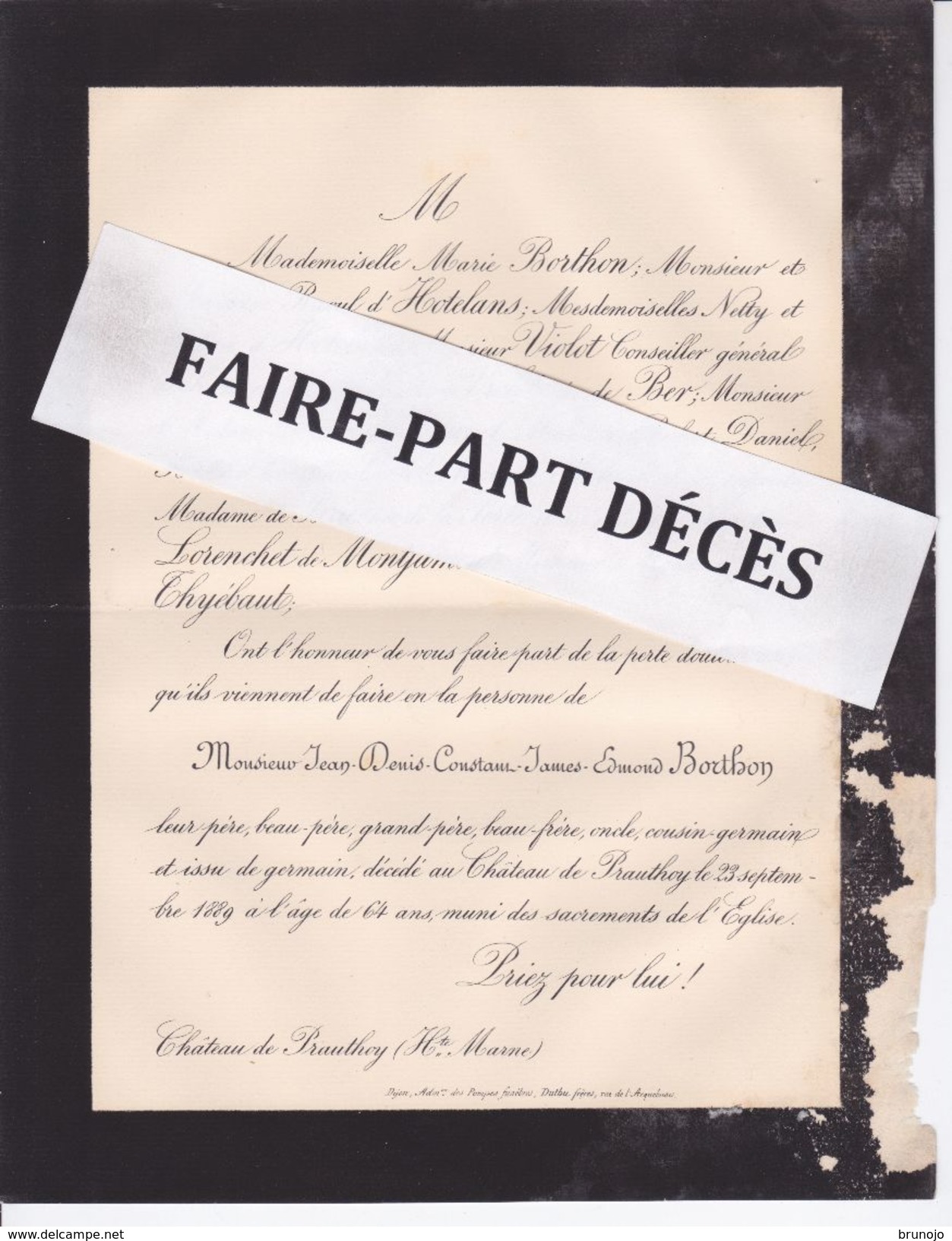 Faire-part Décès M. Jean Denis Constant James Edmond BORTHON, Château De Prauthoy, 1889 - Décès