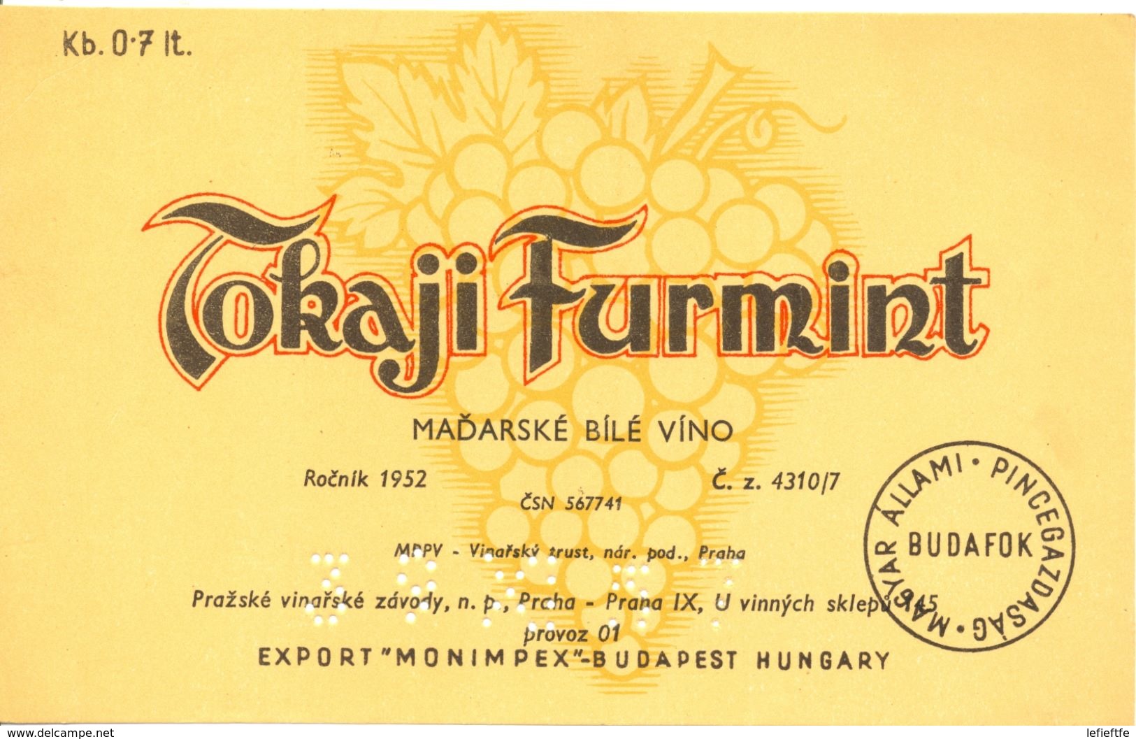 1482 - Hongrie - Tokaji Furmint - Madarske Bile Vino - Rocnik 1952 - Monimpex Budapest Hungary - Blancs