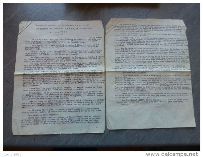 Guerre D'INDOCHINE SAIGON Allocution Du Cap. Lacombe Obsèques Lt. JAVET 18 Août 46, Ref 122 VP37 - Documents Historiques