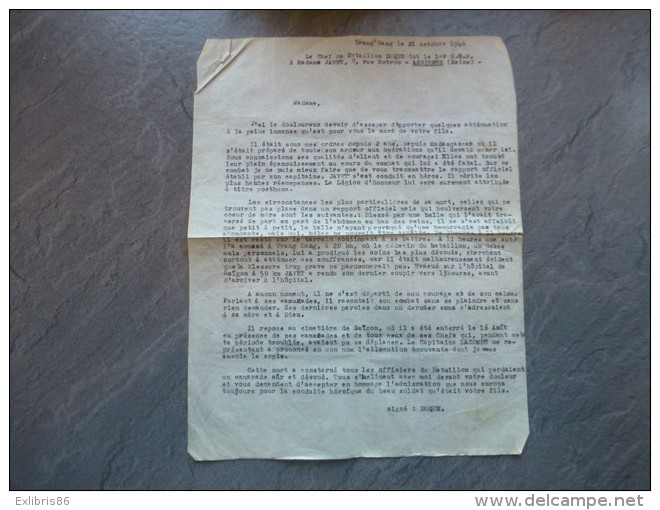 Guerre D'INDOCHINE 1946 Lettre à Mme JAVET Mère Annonçant Le Décès Du Lt. JAVET ASNIERES, Ref 123 VP37 - Documents Historiques