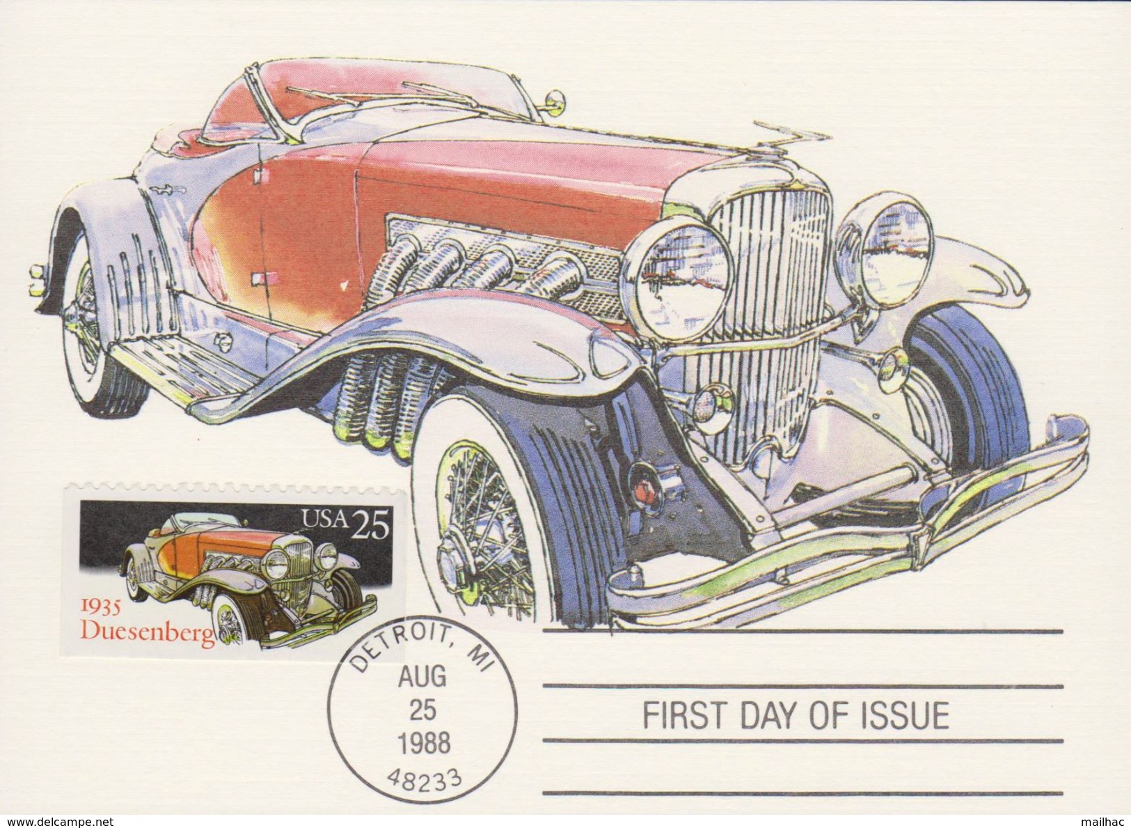 FIRST DAY OF ISSUE - FDC -  Août 1988 - Automobile - Duesenberg - Car - USA - Other & Unclassified