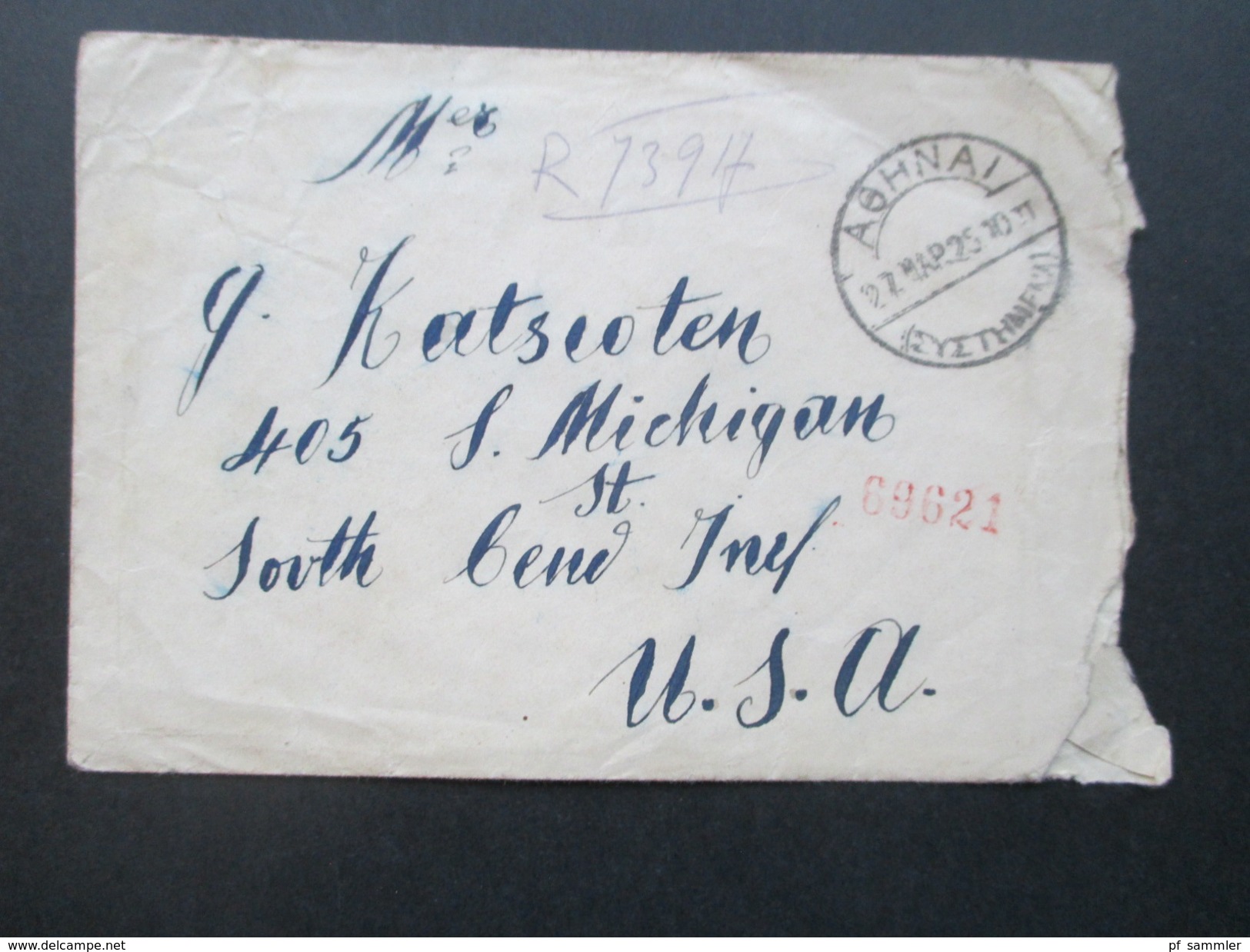 Griechenland 1925 R-Brief / Beleg Nach South Bend Ind. Zensur?! Registered Letter / Handschriftlich Vermerkt! - Covers & Documents