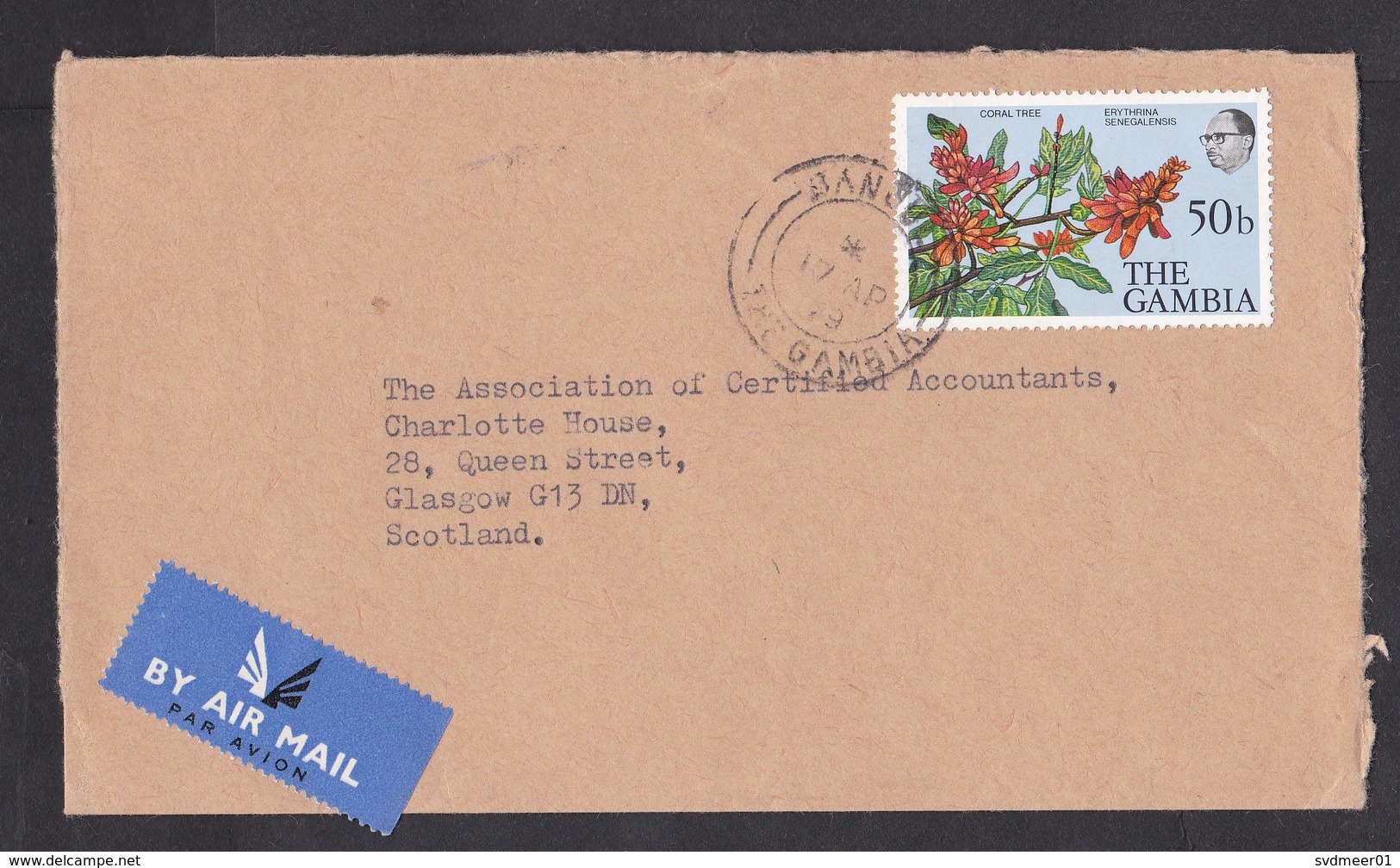 Gambia: Airmail Cover To UK, 1979, 1 Stamp, Coral Tree Flowers, Air Label (opened At 3 Sides) - Gambia (1965-...)