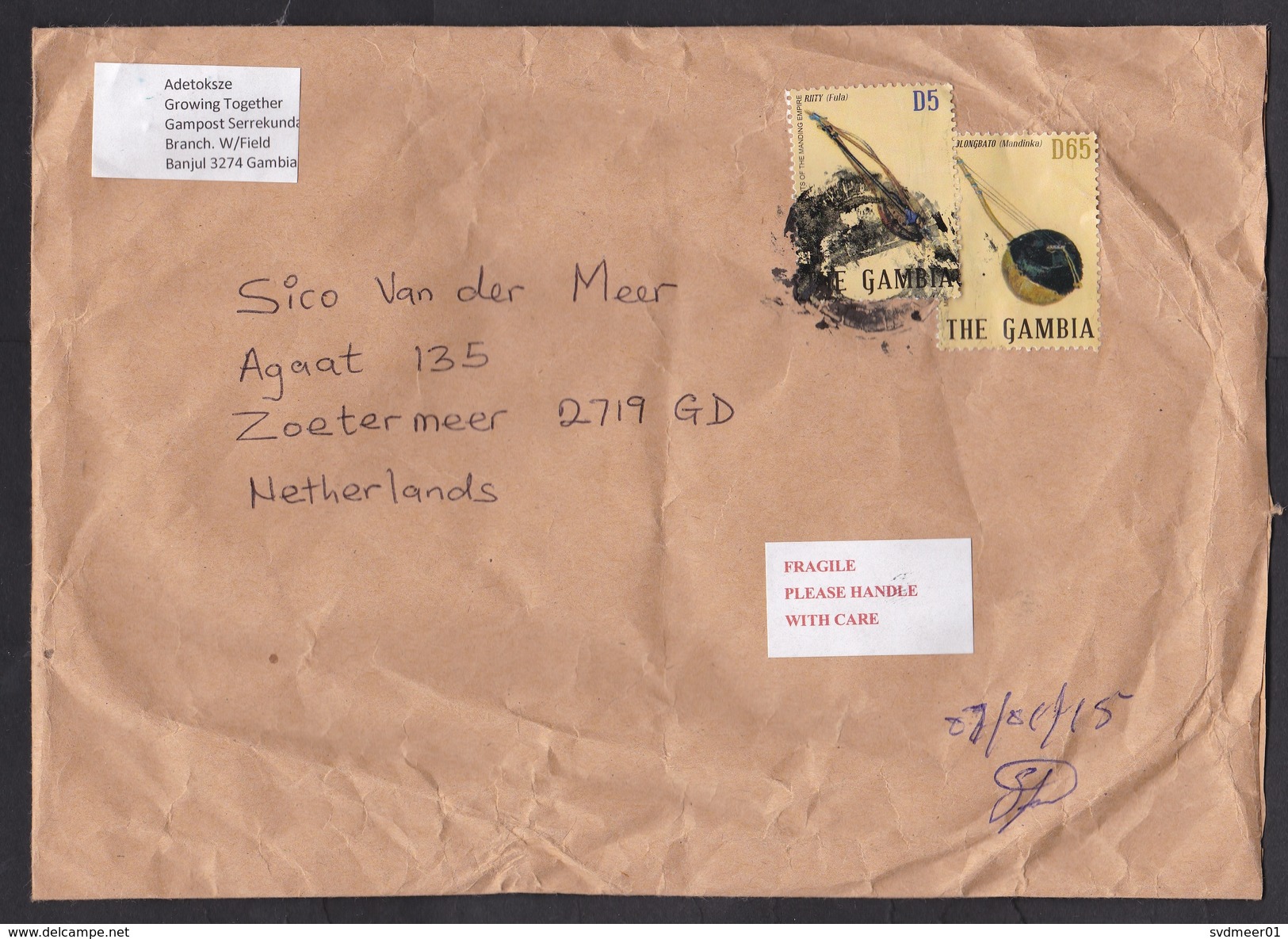 Gambia: Cover To Netherlands, 2015, 2 Stamps, String Instrument, Music, Heritage (damaged: Serious Creases) - Gambia (1965-...)