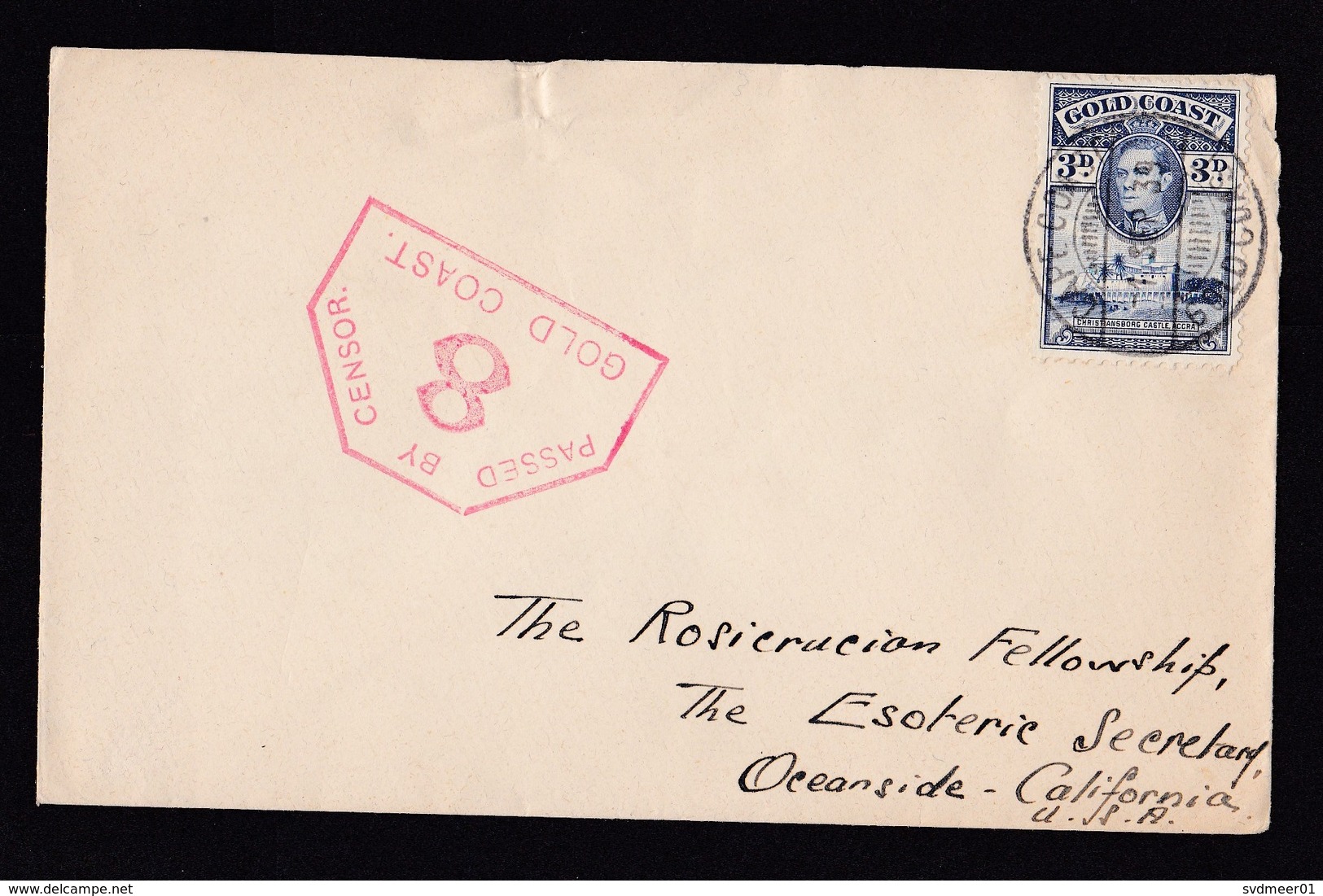 Gold Coast: Cover To USA, 1939, 1 Stamp, Red Censor Mark, Censored, WW2 (minor Damage) - Côte D'Or (...-1957)