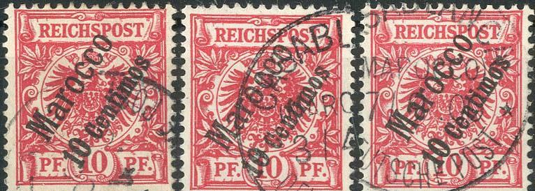 10 Pf A-, B- Und D-Farbe Gest., Je Gepr. J.-Lantelme, Pracht. M€ 312.- 10 Pf A-, B- Und D-Farbe Gest., Je Gepr. J.-Lante - Deutsche Post In Marokko