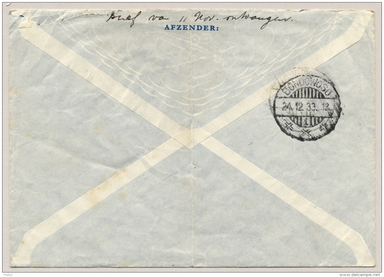 Nederland - Nederlands Indië - 1933 - LBnr BONDOWOSO/1 Op Postjager Vlucht Van Katwijk Aan Zee Naar Bondowoso - Nederlands-Indië
