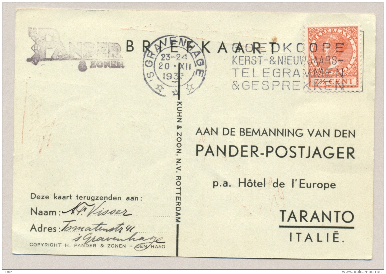 Nederland - Nederlands Indië - 1933 - Taranto Kaart Naar Crew Van Gestrande Postjager - Nederlands-Indië