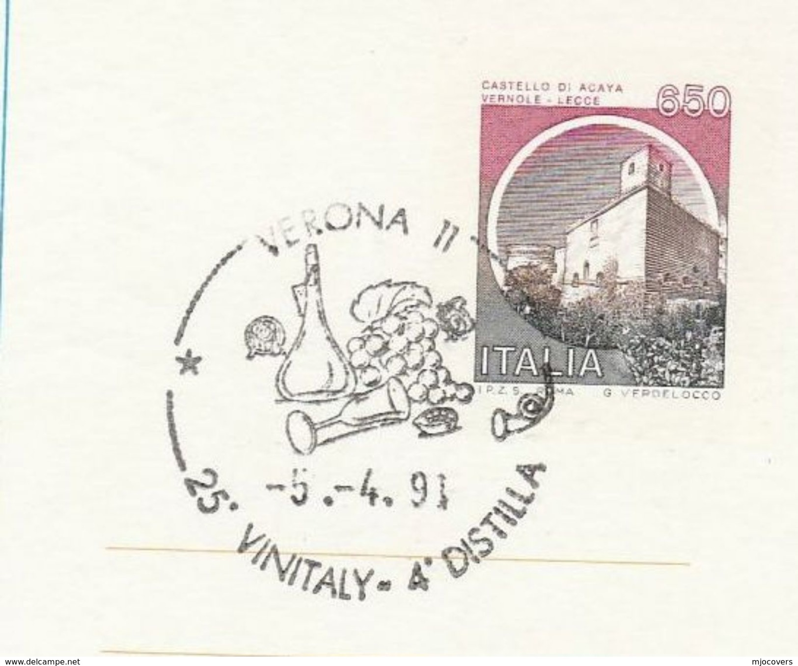 1991 Verona ITALY COVER EVENT Pmk VINITALY WINE EXHIBITION Alcohol Drink Grapes Postal Stationery Stamps - Wines & Alcohols