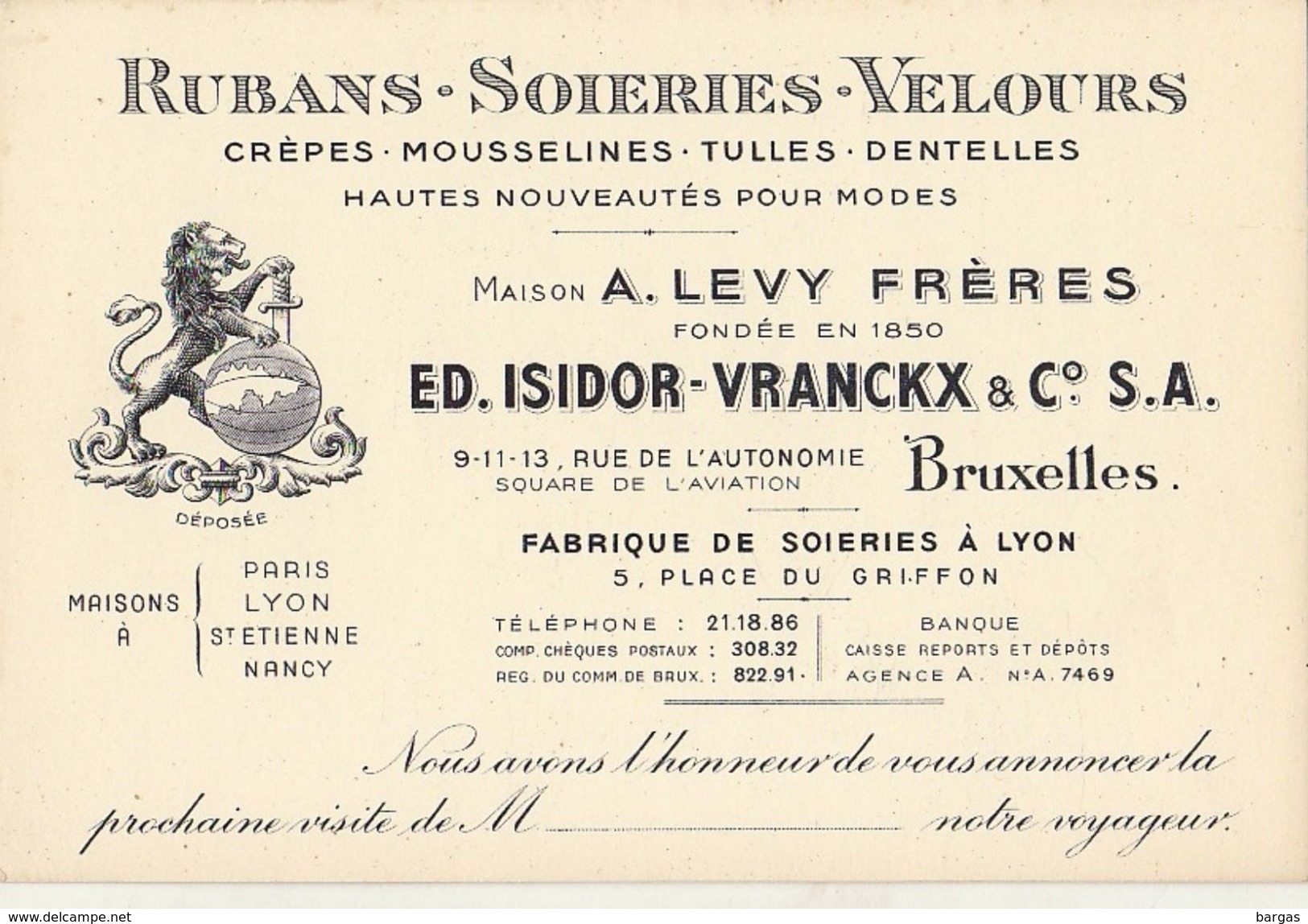 Carte Levy Frère Isidor Vranckx Rubans Soieries Velours à Bruxelles Paris Lyon St étienne Nancy - Textile & Vestimentaire