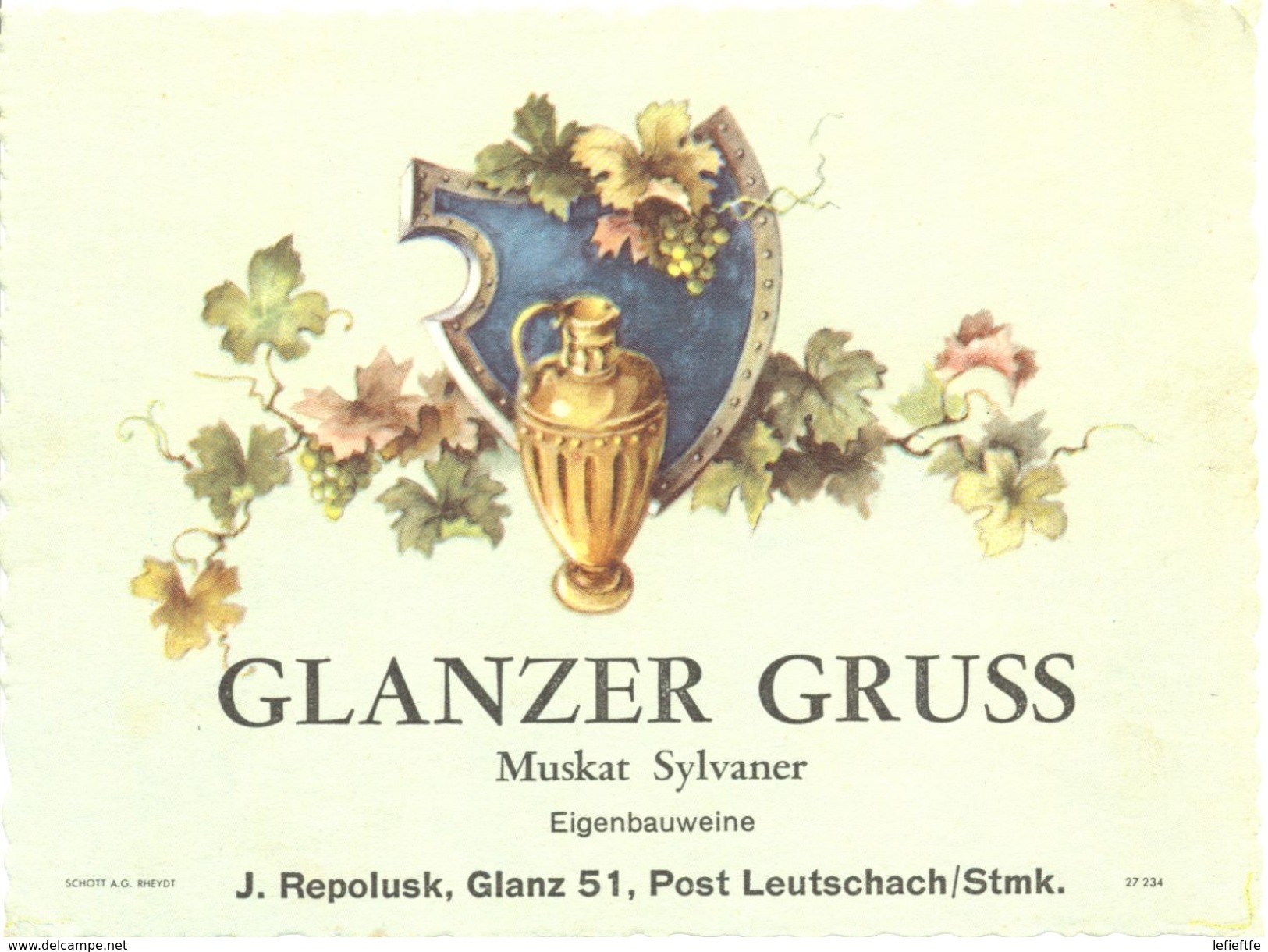 1497 - Autriche - Glanzer Gruss - Muskat Sylvaner - Eugenbauweine - J. Repolusk Glanz 51 - Post Leutschach / Stmk. - Vino Bianco