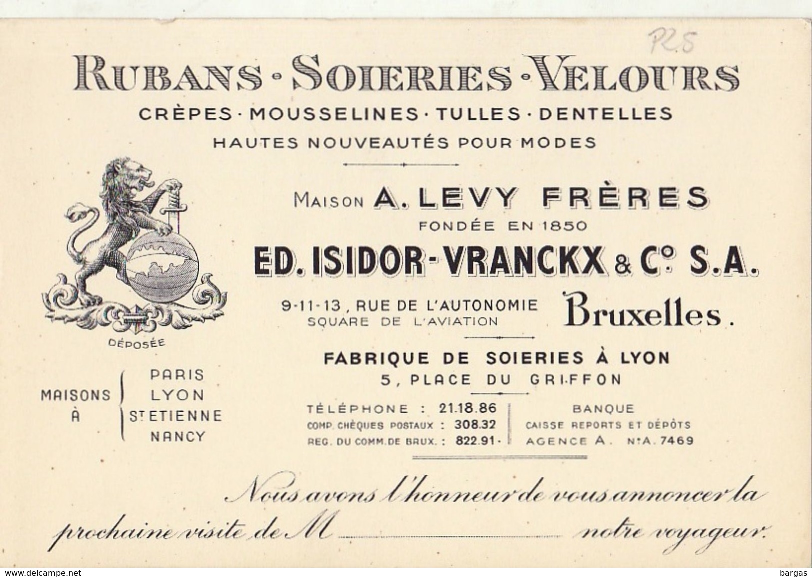 Carte Levy Frère Isidor Vranckx Rubans Soieries Velours à Bruxelles Paris Lyon St étienne Nancy - Vestiario & Tessile