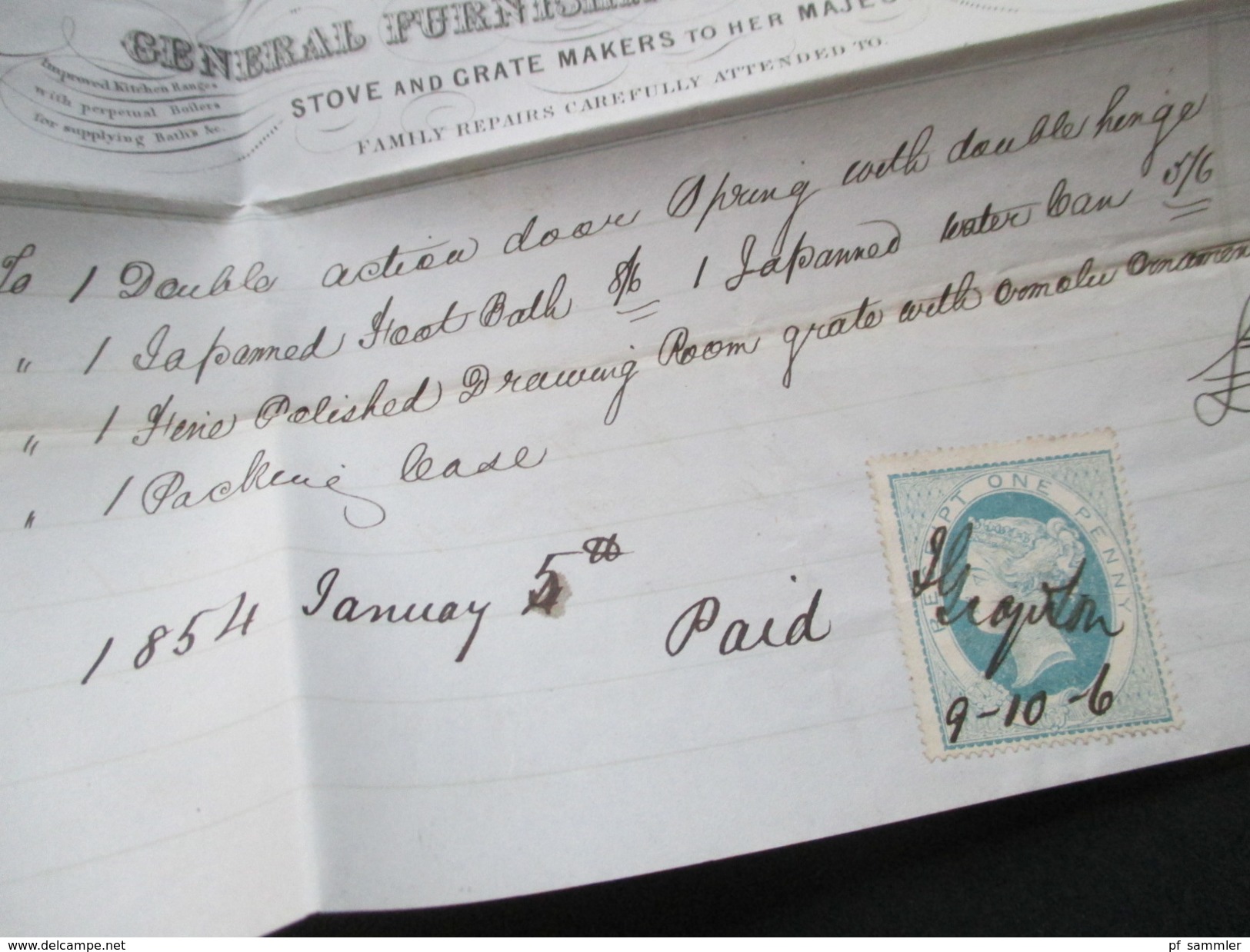 GB Stempelmarke / Fiskalmarke 1854 mit Federzug / paid. Edinburgh. James Gray & Son General Furnishing Ironmongers