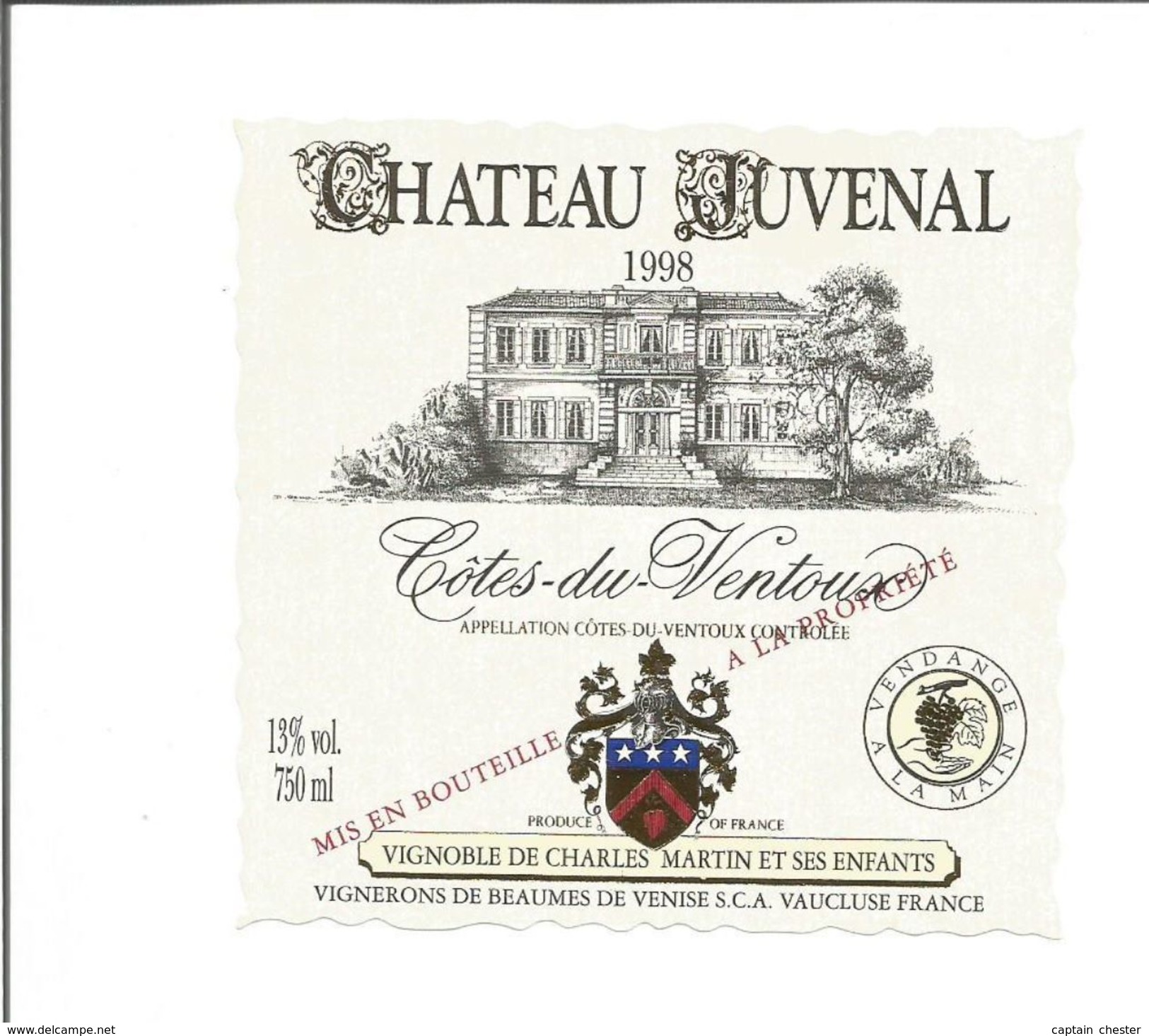 Etiquette De VIN Des COTES DU VENTOUX - Chateau Juvenal 1998 - Côtes Du Ventoux