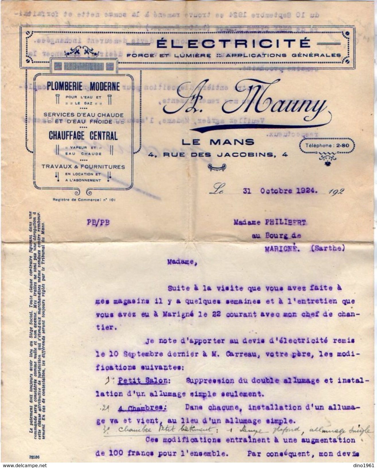 VP11.379 - Enveloppe & Lettre - Electricité A. MAUNY à LE MANS + Devis Pour Le Compte De Mr CARREAU à MARIGNE ( Sarthe ) - Elektrizität & Gas