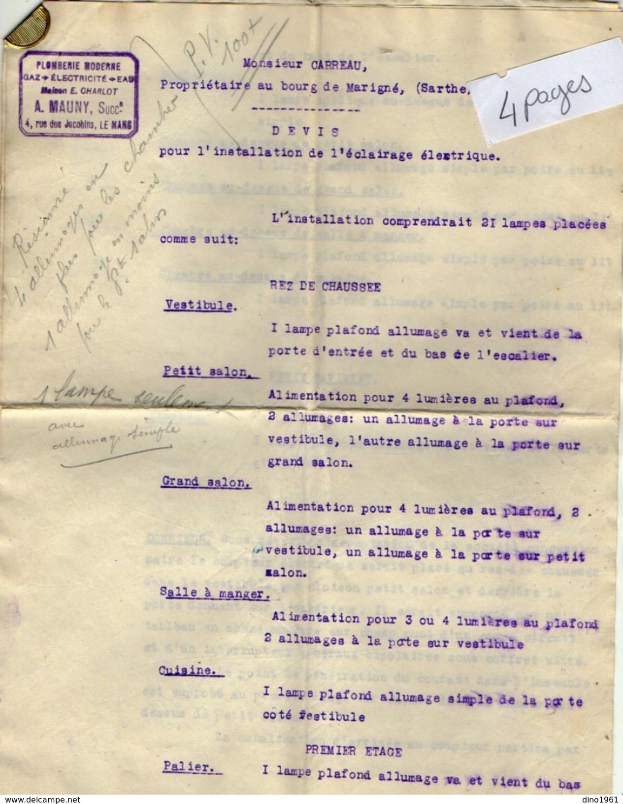 VP11.379 - Enveloppe & Lettre - Electricité A. MAUNY à LE MANS + Devis Pour Le Compte De Mr CARREAU à MARIGNE ( Sarthe ) - Elektriciteit En Gas