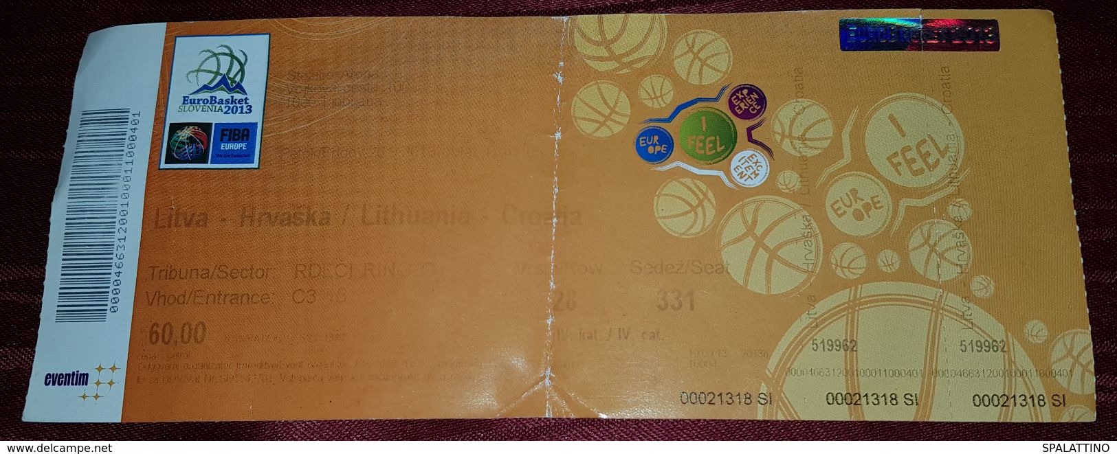 EUROBASKET 2013. SLOVENIA, MATCH LITHUANIA- CROATIA - Match Tickets