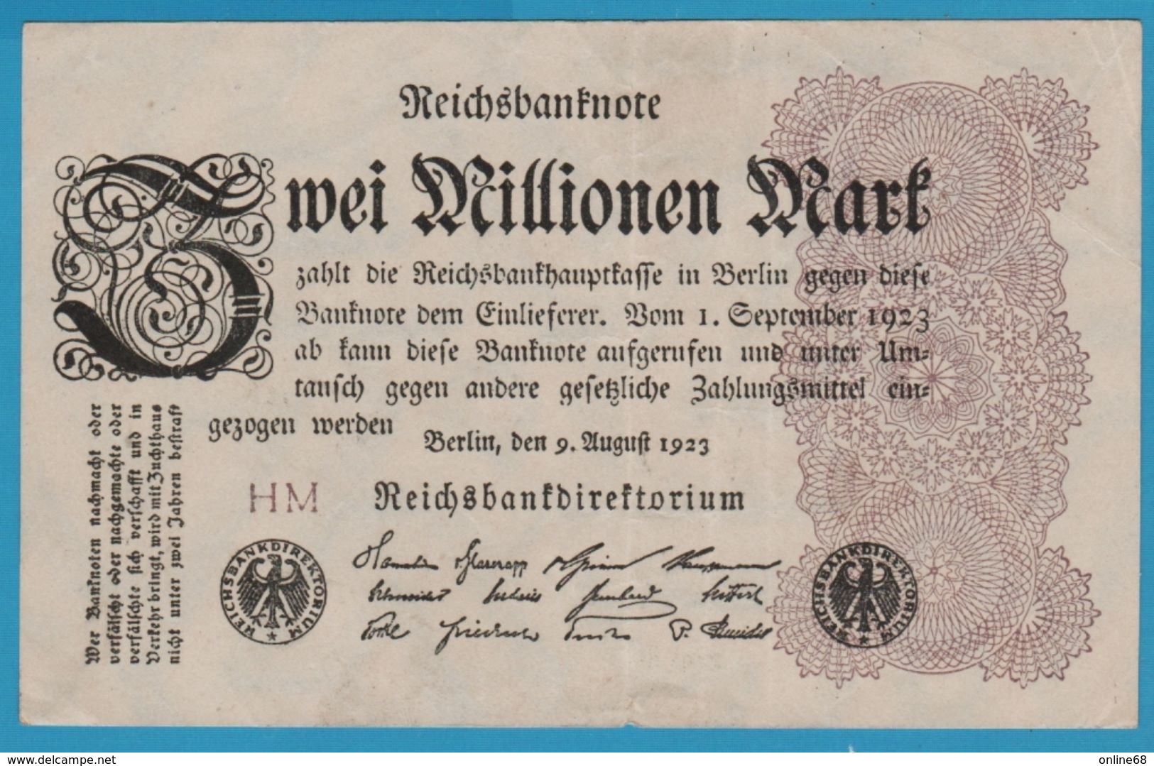 DEUTSCHES REICH 2 MILLIONEN MARK 09.08.1923  Serie HM  P# 104a - 2 Millionen Mark