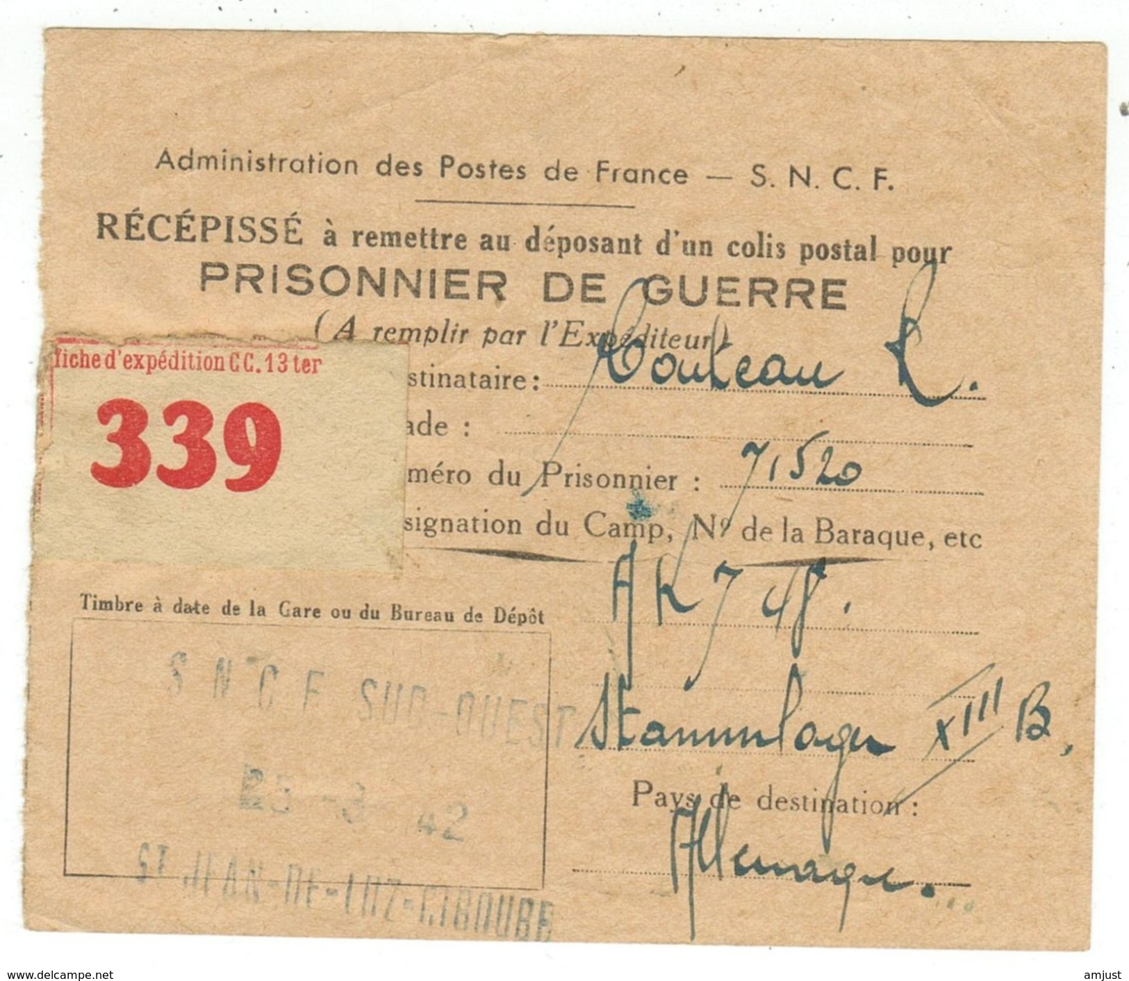 Récèpissé  Pour Prisonnier De Guerre - Documents Historiques