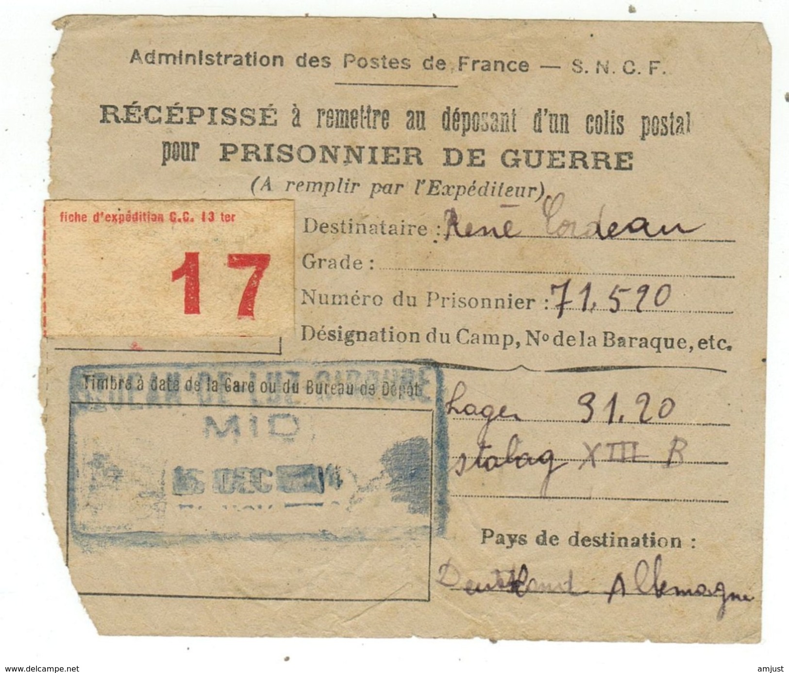 Récèpissé  Pour Prisonnier De Guerre - Documents Historiques