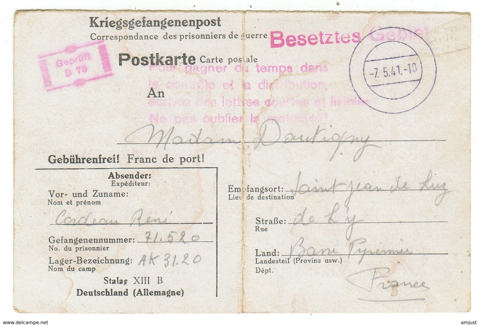 Carte Postale, Service Des Prisonniers De Guerre - Documents Historiques