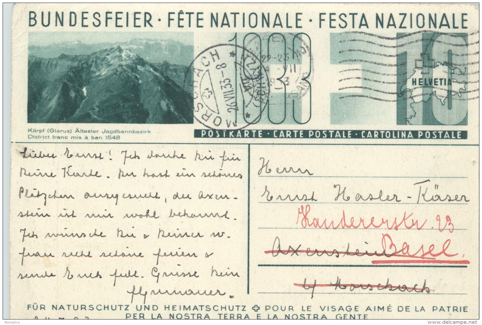 1933 Bundesfeier - Fête Nationale  Bild   Kärp Ältester Jagdbannbezirk - Stamped Stationery