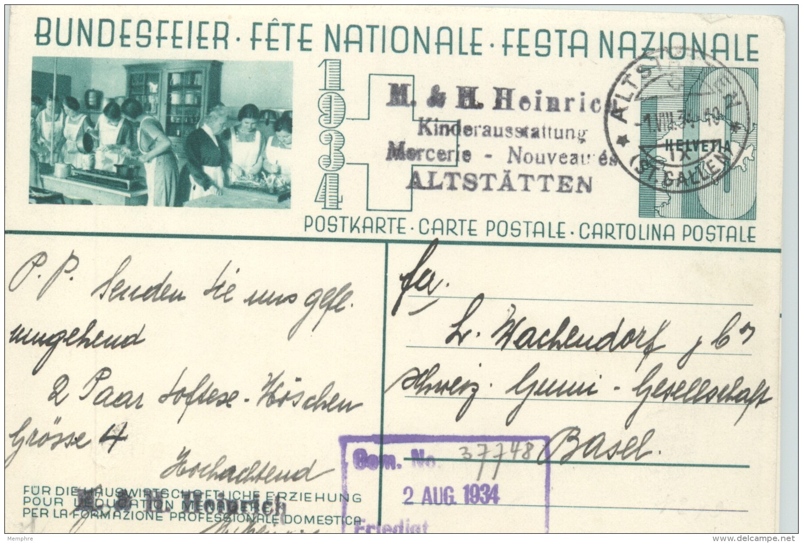 1934  Bundesfeier - Fête Nationale  Bild  Haushaltungsschule ; Schrank In Mitte Stempel 1.8.34 - Stamped Stationery