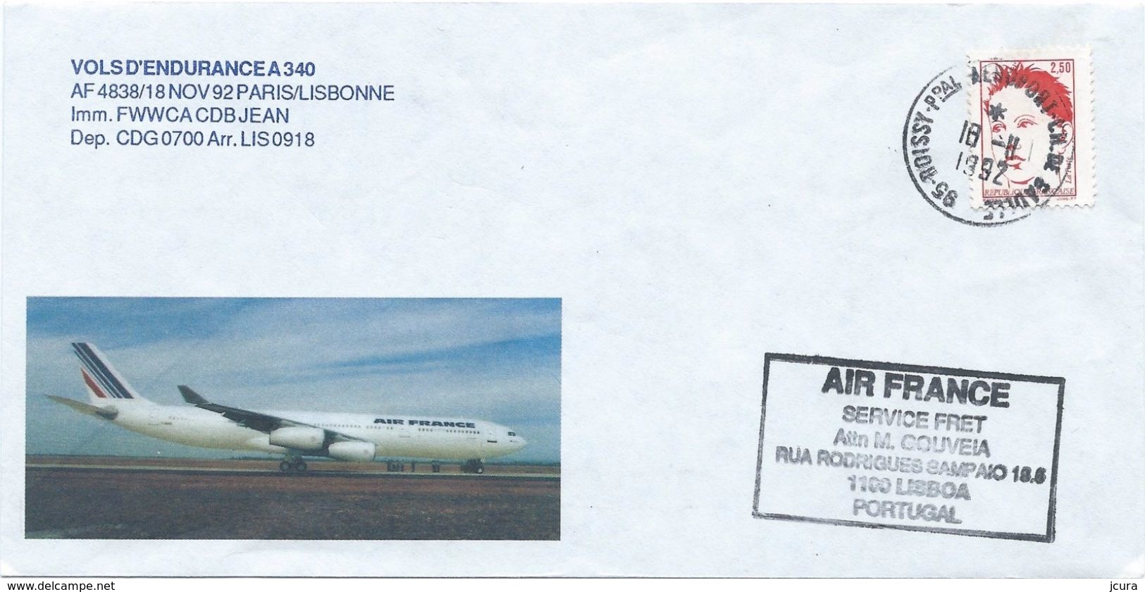 France - Vols D'endurance Air France Airbus A340 Paris Lisbonne 18 Nov 1992 - Aeroport Charles De Gaulle Airport - Lettres & Documents