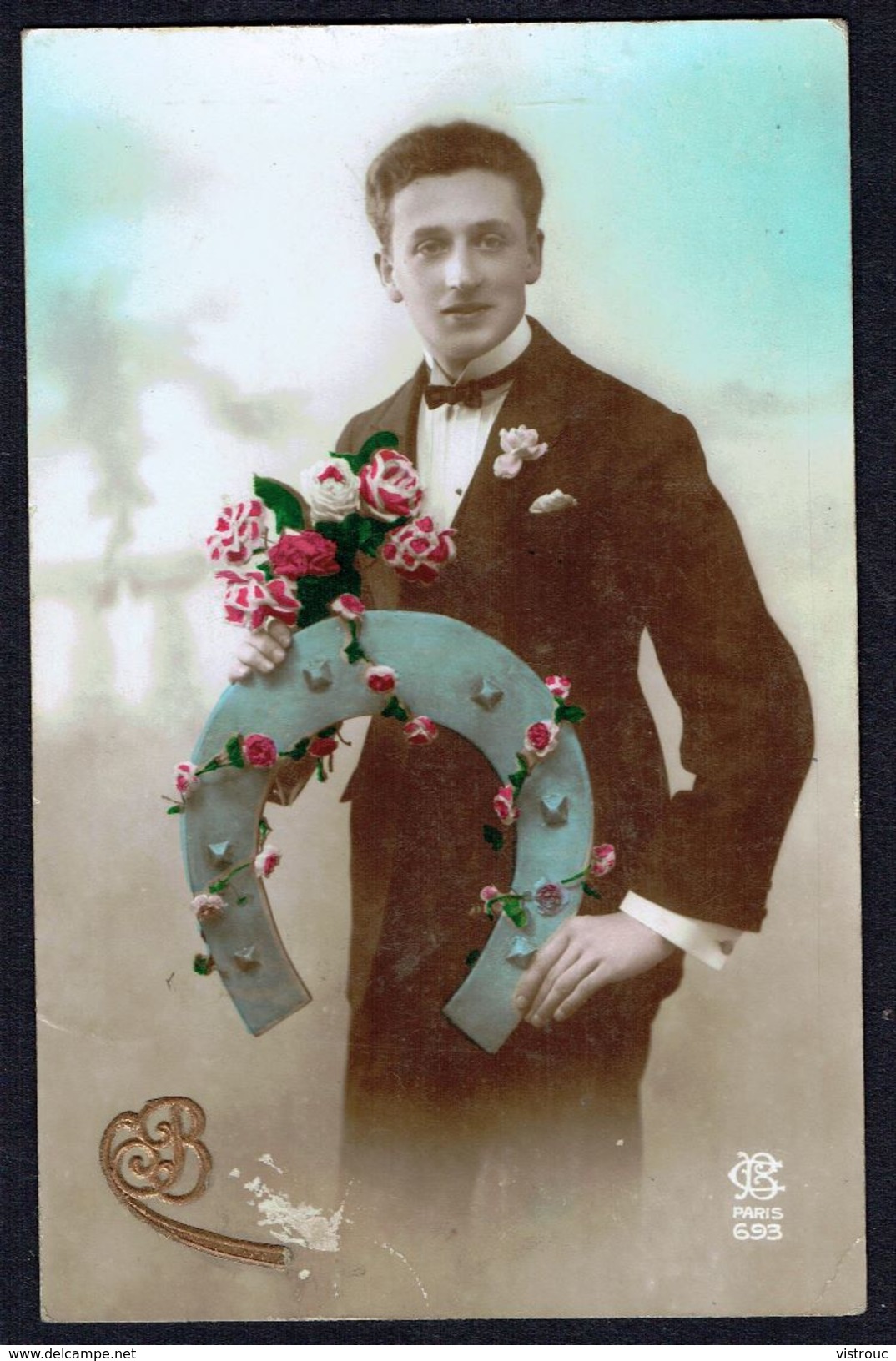 Homme Avec Fleurs Et Fer à Cheval Géant - Circulé - Circulated - Gelaufen - 1923. - Hommes