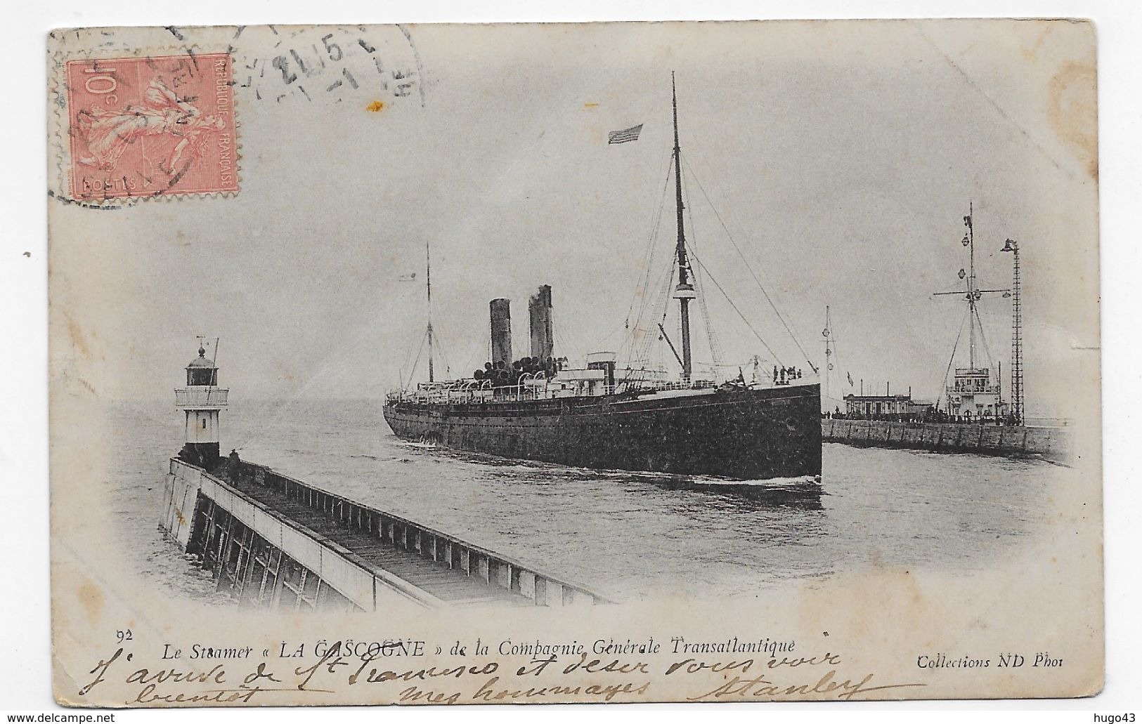 STEAMER LA GASCOGNE DE LA COMPAGNIE GENERALE TRANSATALANTIQUE - N° 92 - PLI DIAGONAL - CPA VOYAGEE - 75 - Dampfer