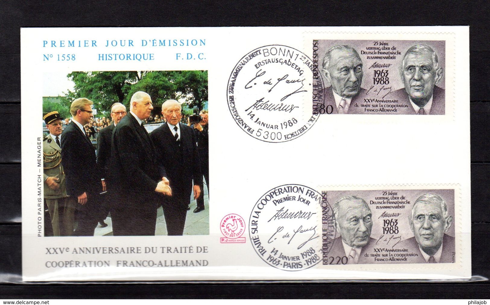 FRANCE / ALLEMAGNE 1988 : Enveloppe 1er Jour " GENERAL DE GAULLE / ADENAUER ". N° YT 2501 / ALL 1183. Parfait état. FDC - De Gaulle (Général)