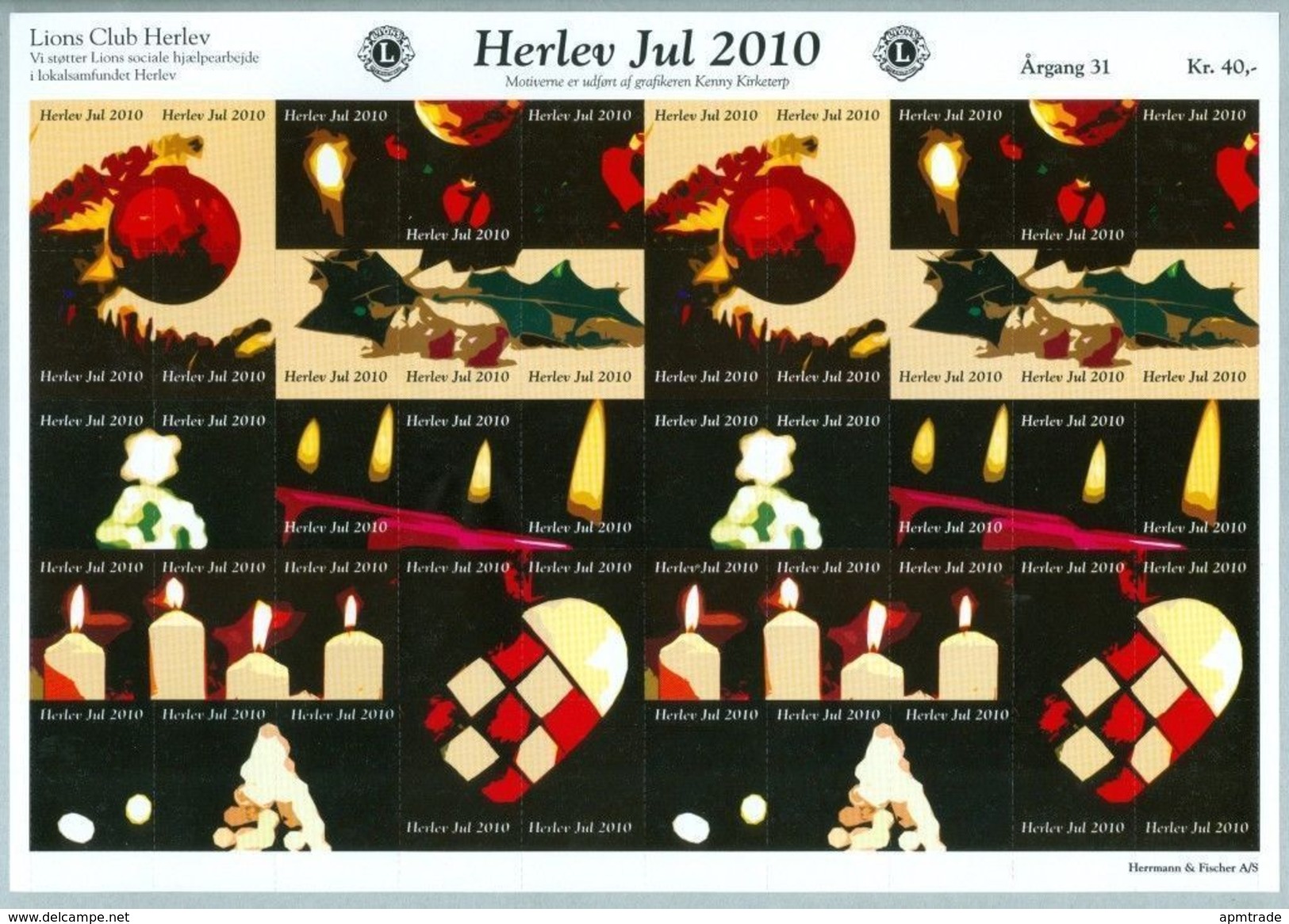 Denmark. Christmas Sheet Mnh 2010. Lions Club. Local Herlev. Christmas Deco. - Feuilles Complètes Et Multiples