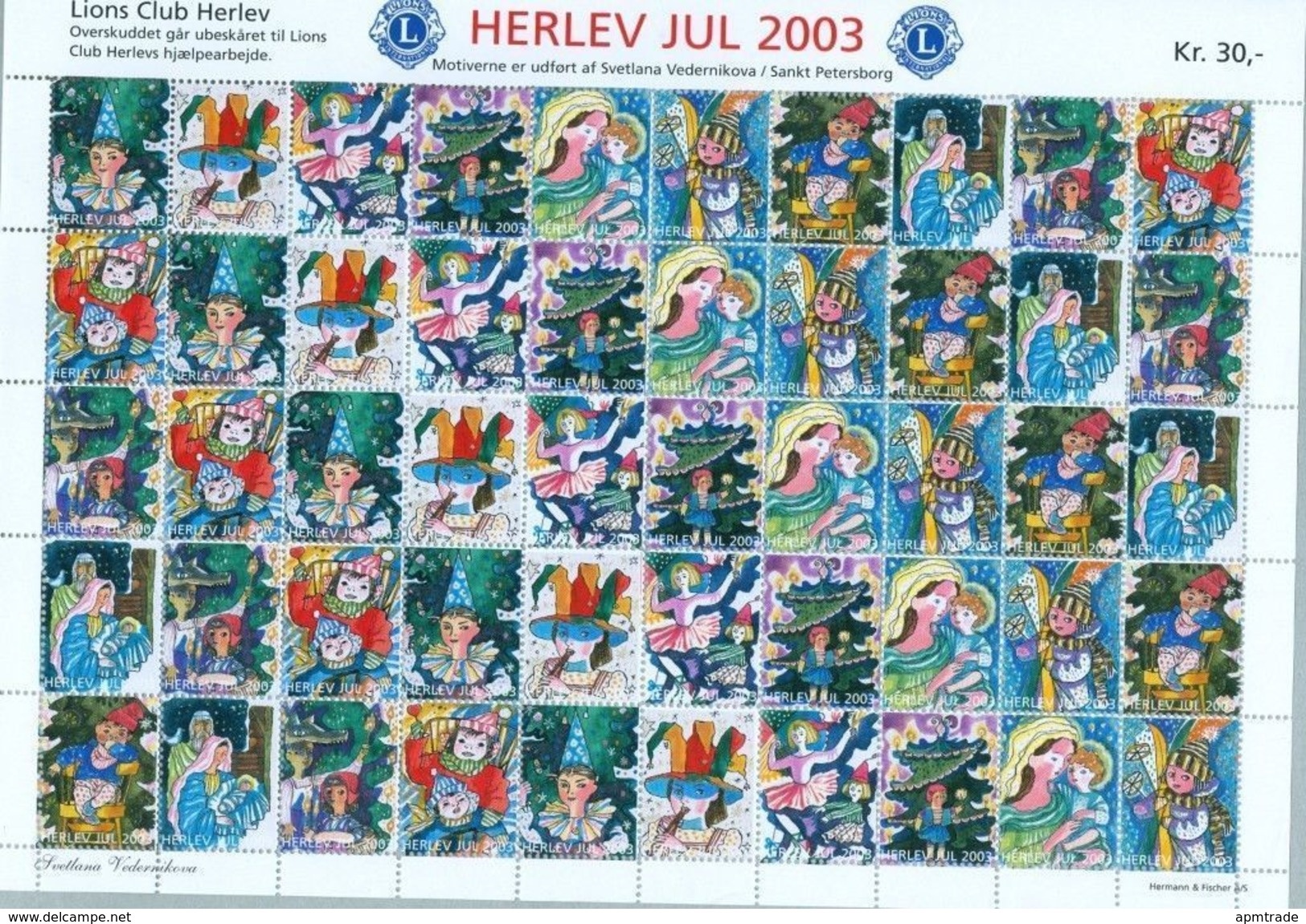 Denmark. Christmas Sheet Mnh 2003. Lions Club. Local Herlev. Christmas In Russia - Feuilles Complètes Et Multiples