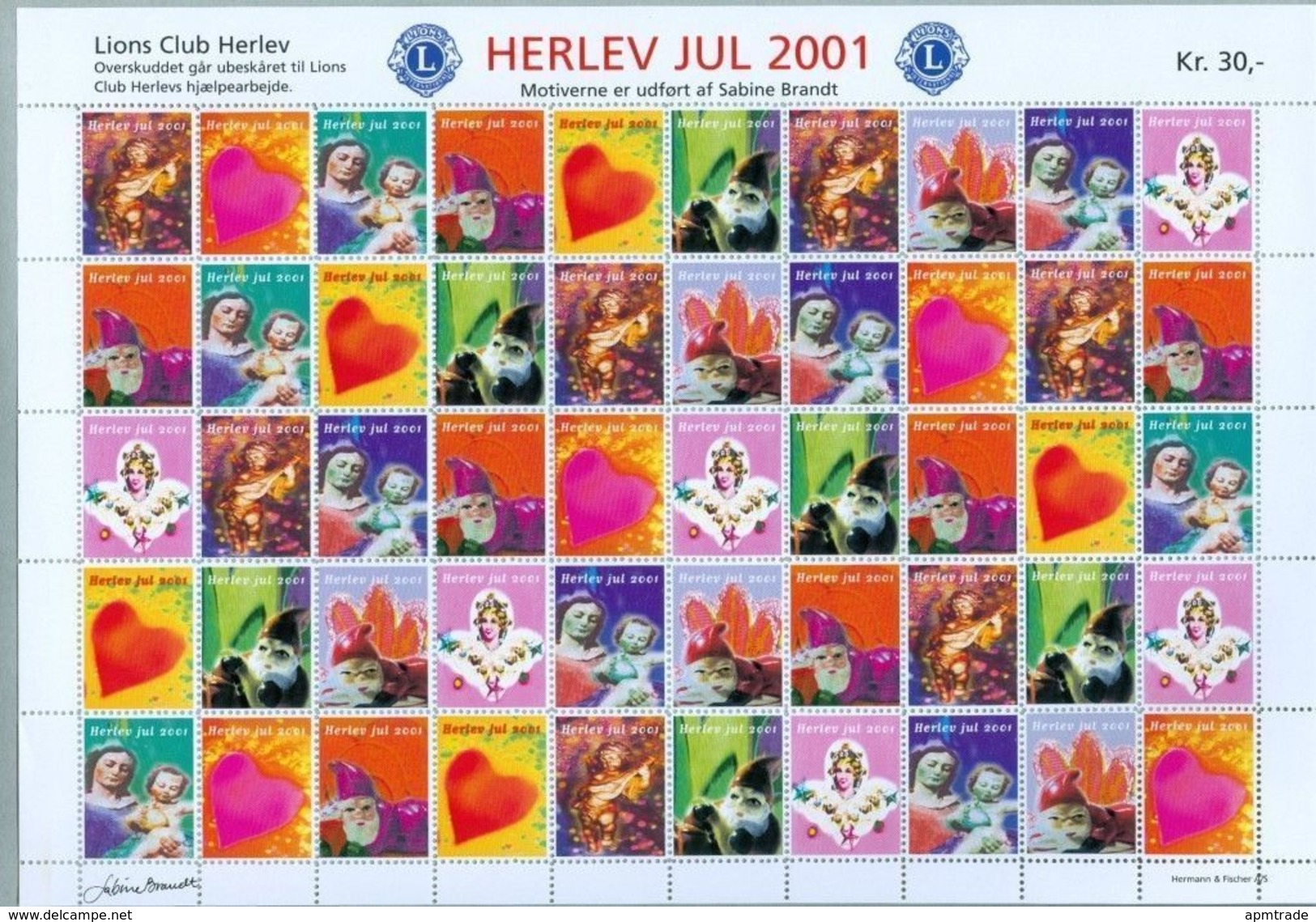 Denmark. Christmas Sheet Mnh 2001. Lions Club. Local Herlev. Santa,Angels,Heart. - Ganze Bögen