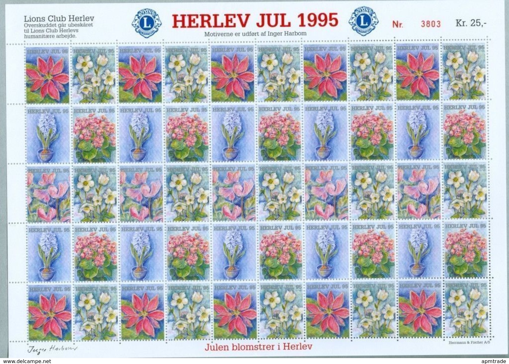 Denmark. Christmas Sheet Mnh 1995. Lions Club. Local Herlev. Christmas Flowers. - Feuilles Complètes Et Multiples