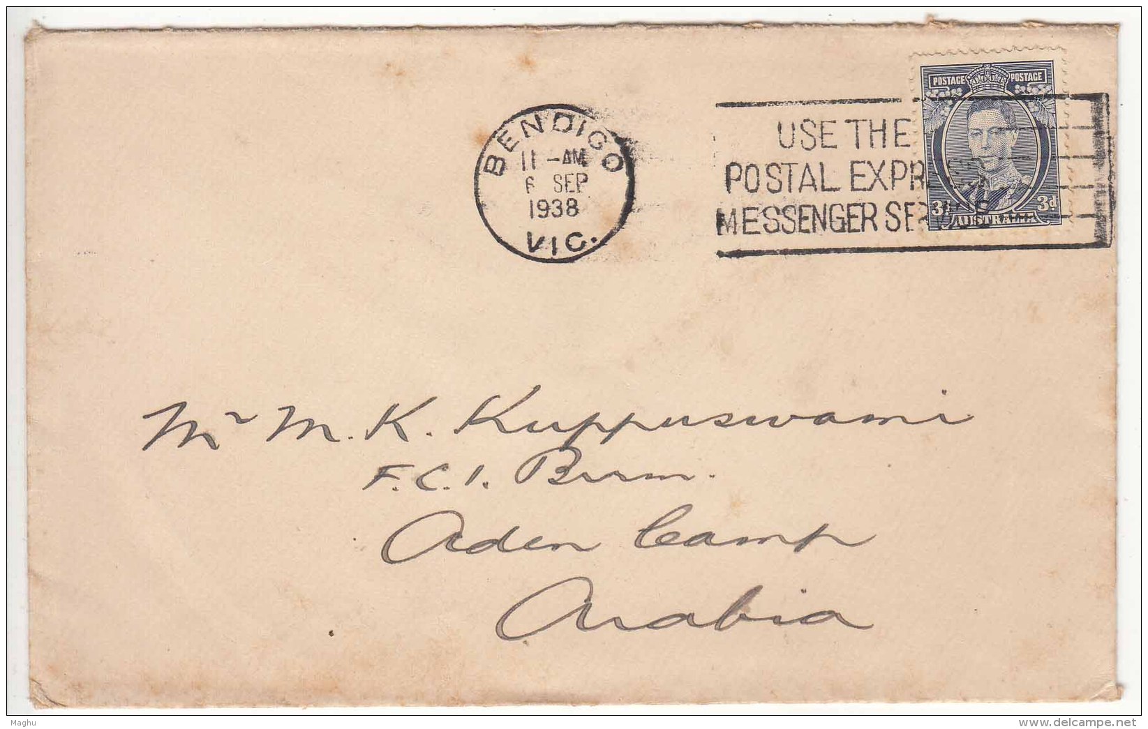 Slogan 'Used Postal Express Messenger Service', Australia To Aden, Cover 1938 Used , KGVI Series - Storia Postale