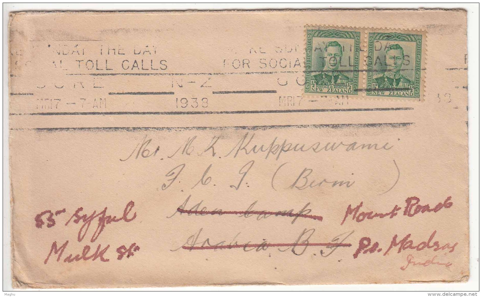 Slogan '....Sunday Social Toll Calls', Australia To Aden, Redirect India Cover 1938 Used Via Port Said Egypt KGVI Series - Storia Postale