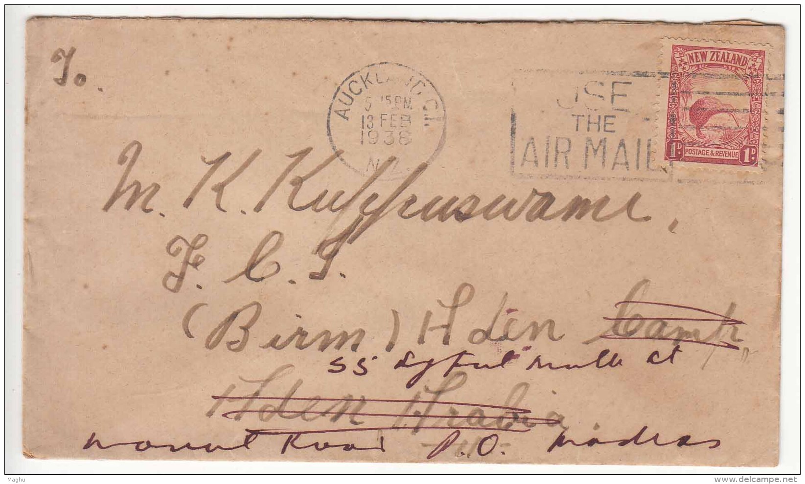 Slogan 'Use The Airmail' On New Zealand To Aden Cover 1938 Used Kiwi Bird, - Cartas & Documentos