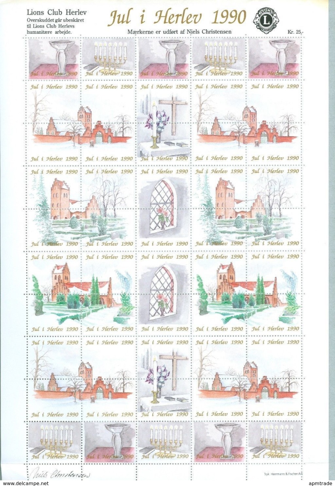 Denmark. Christmas Sheet Mnh 1990. Lions Club. Local Herlev. Herlev Church. - Ganze Bögen