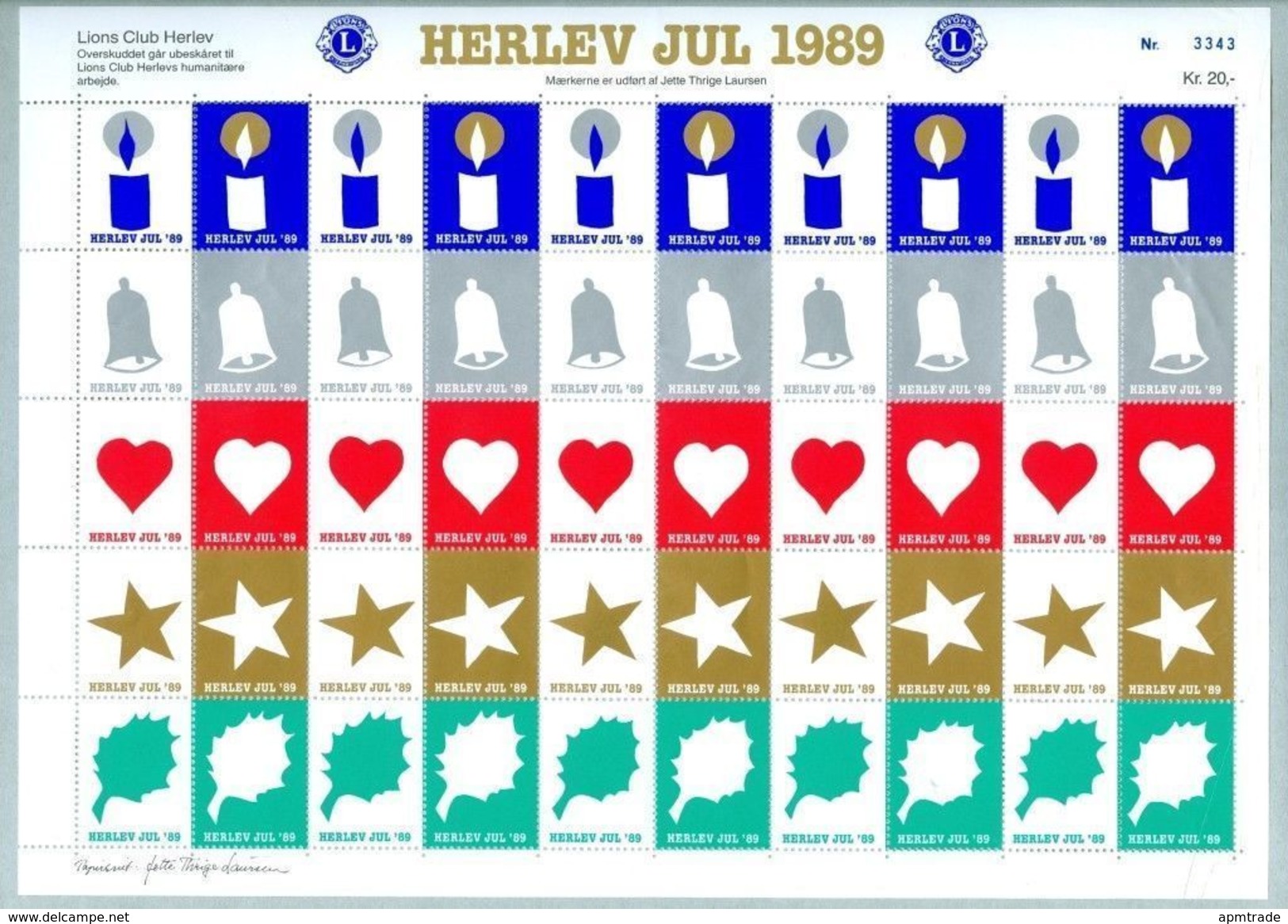 Denmark. Christmas Sheet Mnh 1989. Lions Club. Local Herlev. Candle,Bell,Star. - Full Sheets & Multiples