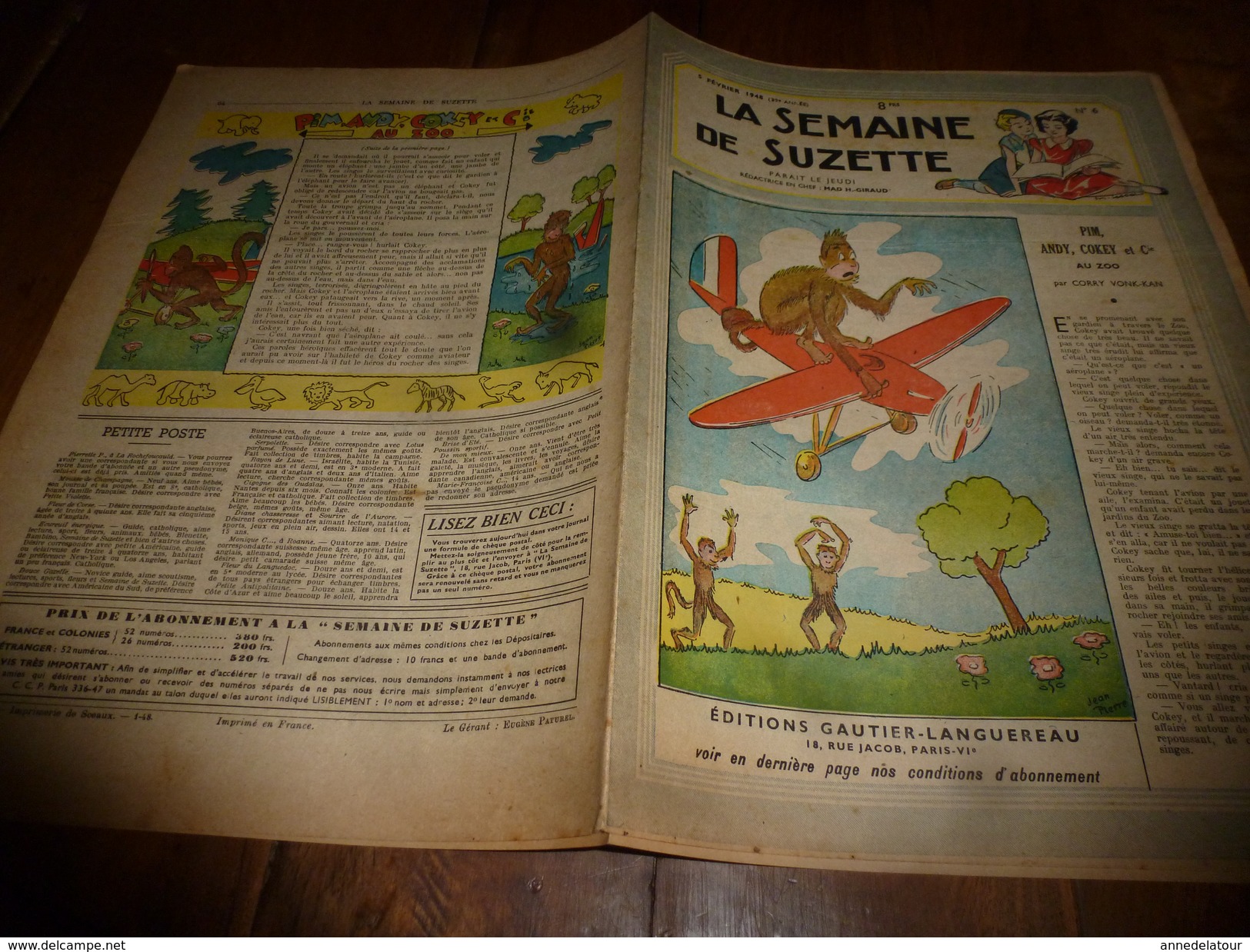 1948  LSDS  :Les Petits Singes Pim, Andy, Cokey & Cie Au Zoo (par Corry Vonk-Kan) ;Les Petits Ennuis De Bécassine;  Etc - La Semaine De Suzette