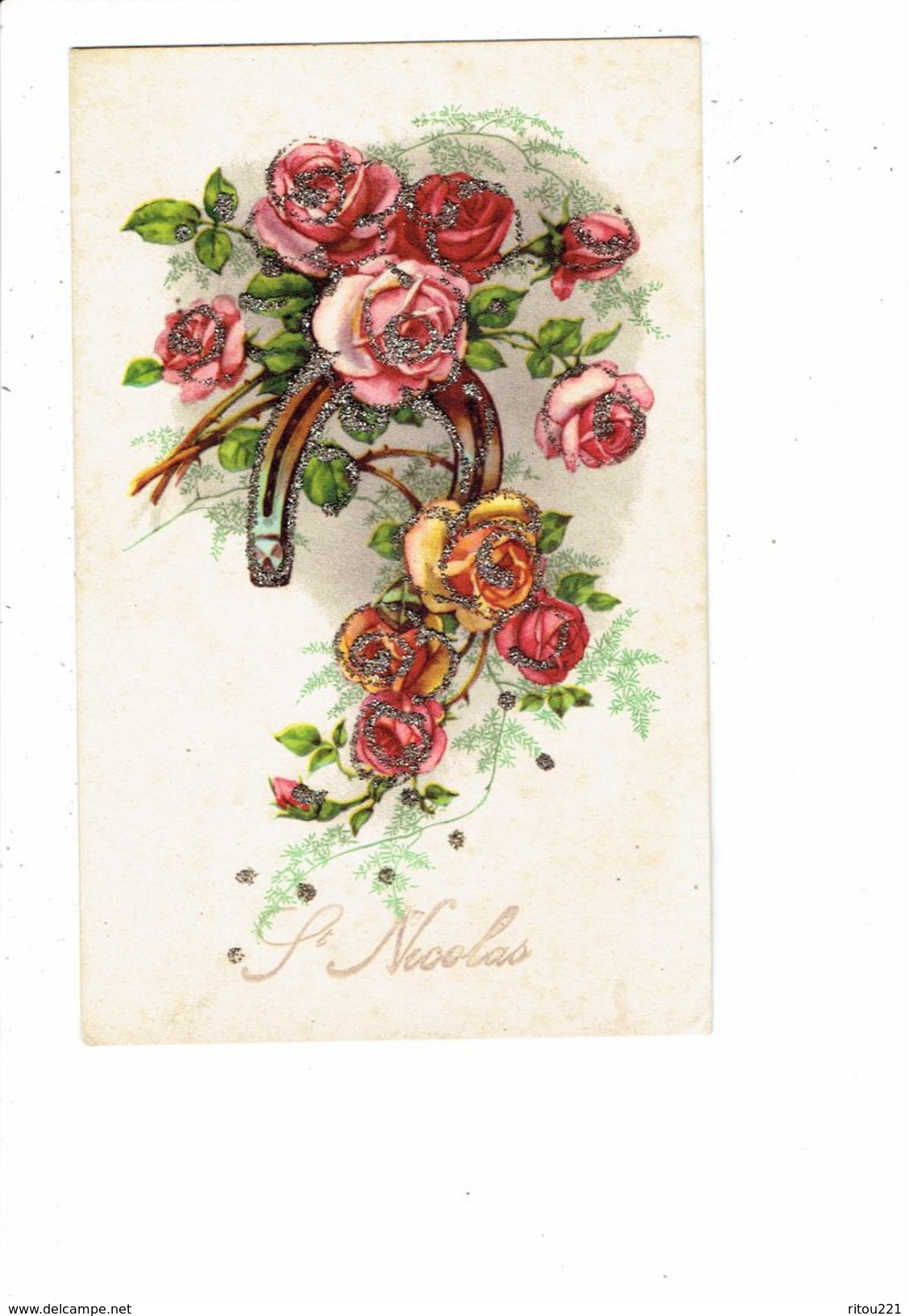 Cpa - Saint NICOLAS - Fleurs Roses Paillettes Fer à Cheval - SP - 1944 - Nikolaus