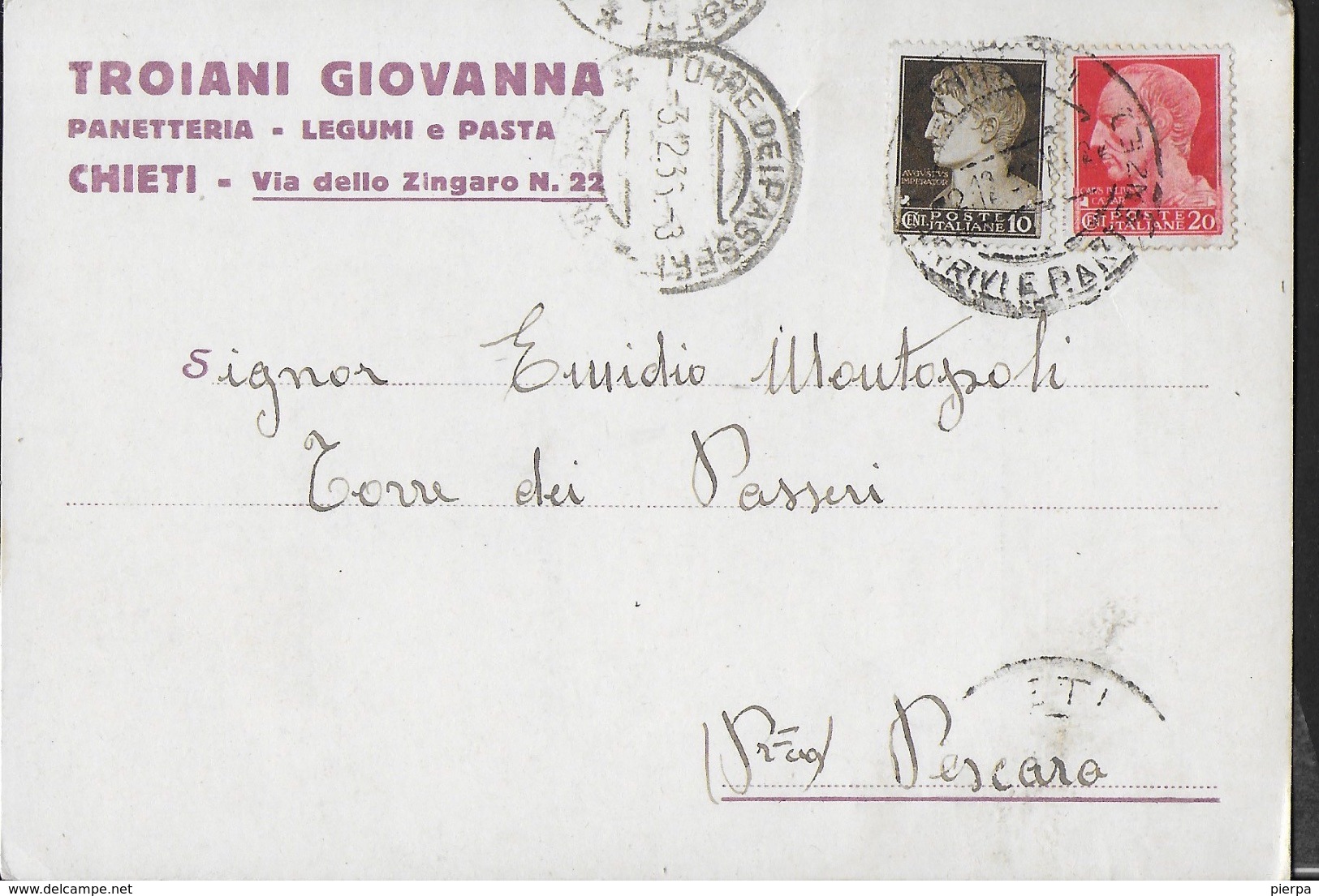 STORIA POSTALE REGNO - CARTOLINA INTESTATA DA CHIETI PER TORRE DEI PASSERI 03.12.1936 - Marcophilia