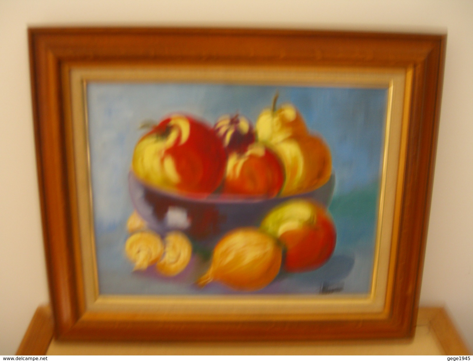 Tableau  Avec  Cadre  Bois   "  Compotier  Avec  Fruits  Et  Légumes  "  ( 46,5 Cm  X  39 Cm ) - Aquarelles